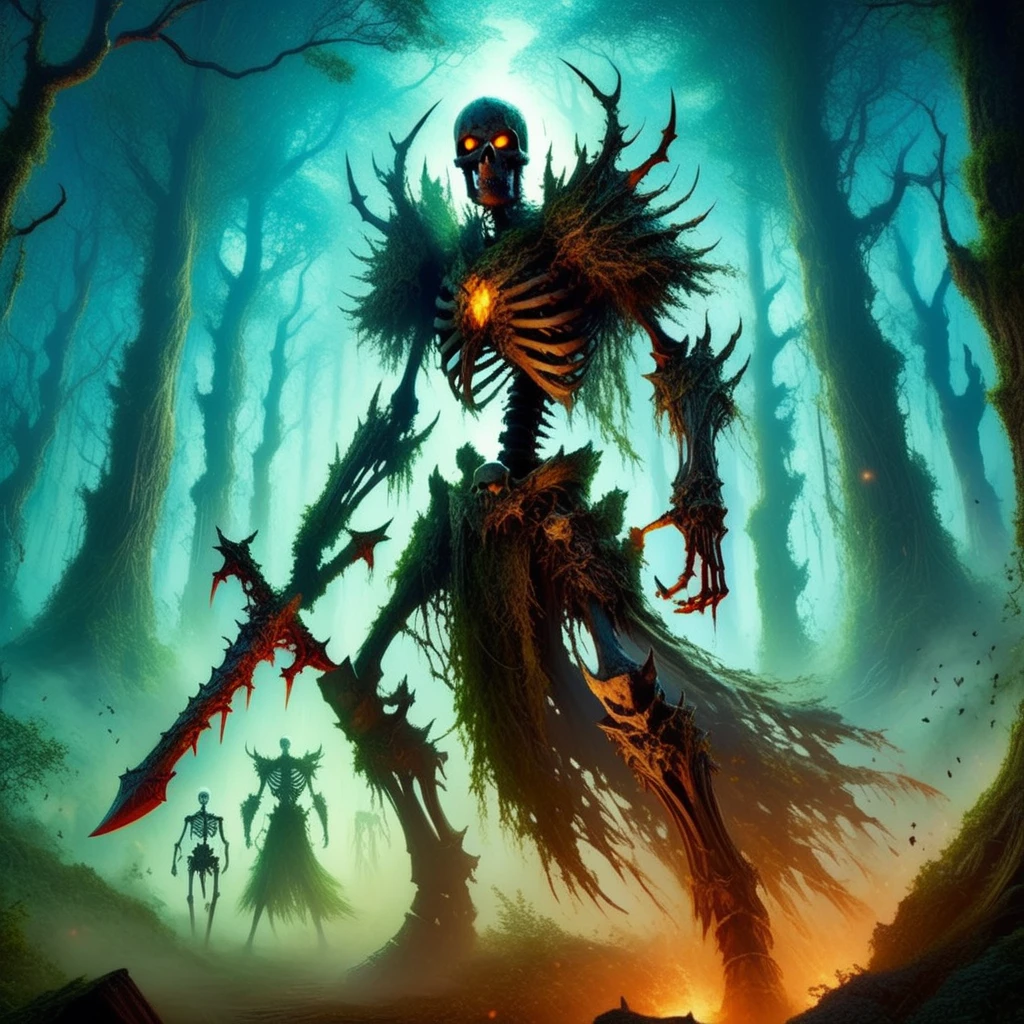 anime artwork skellies, skeletal warrior, dual-wielding axes, charging forward, dense forest at twilight, glowing eyes, misty atmosphere, wide angle, dynamic action pose, ethereal lighting, cinematic <lora:Skeletal Warriors- sdxl1.0:1> . anime style, key visual, vibrant, studio anime,  highly detailed