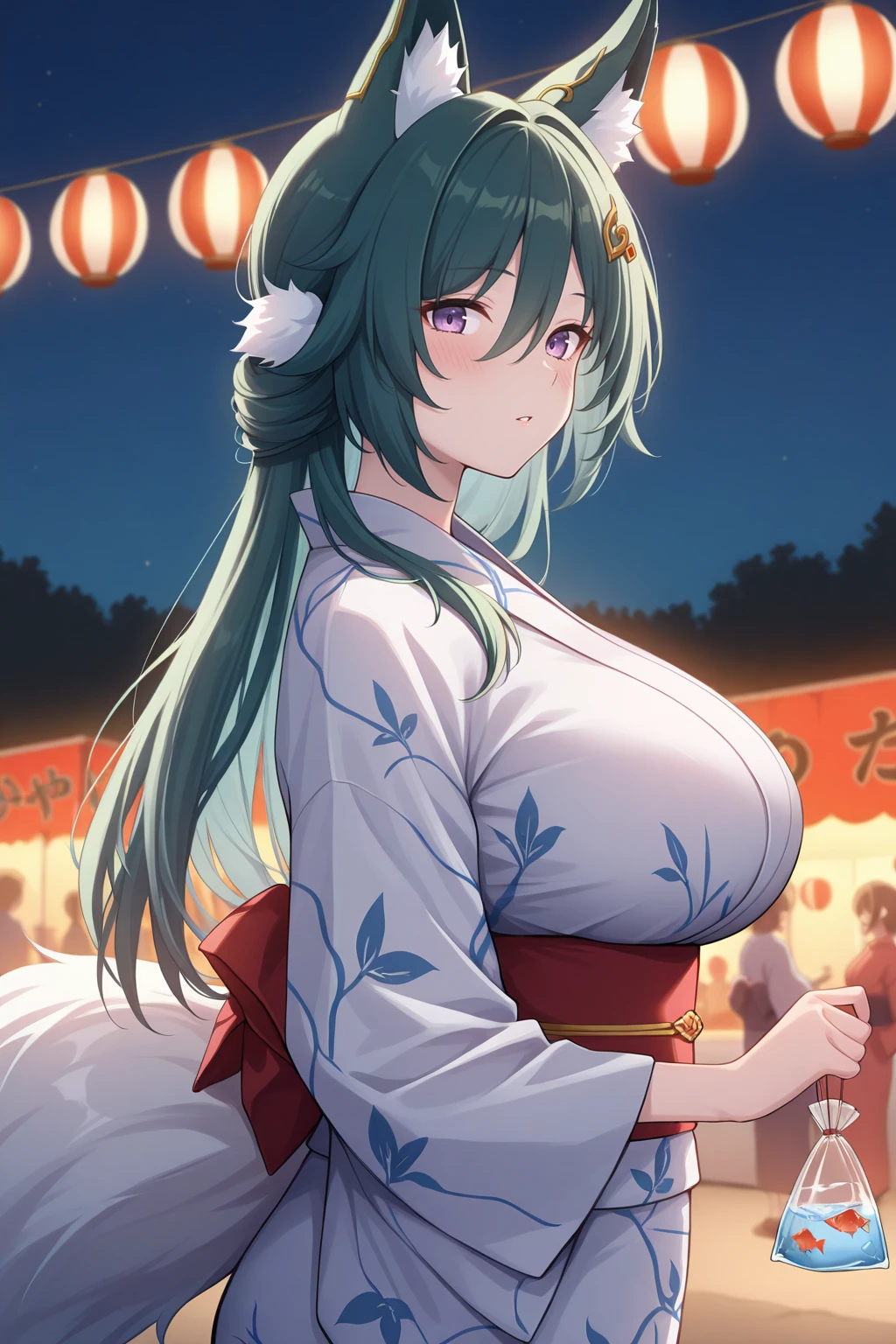 masterpiece, best quality, from side, looking at viewer, parted lips, blush, 1girl, ykng, fox ears, fox tail, green hair, hair between eyes, purple eyes, large breasts, hair ornament, kimono, holding, bagged fish, outdoors, night, summer festival, <lora:Hoseki_HonkaiStarRail_Yukong_IllustriousXL_v1:1>