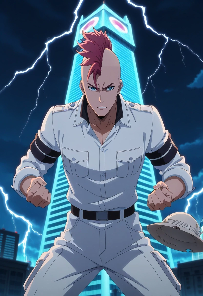 masterpiece, best quality, , anime screencap, anime coloring, official style, looking at viewer, , 1boy, solo, male focus, <lora:bazzard_black_ilxl:0.92>, bazzard_black, red hair, blue eyes, short hair, mohawk, , , storm sanctuary, lightning towers, weather halls, protection spheres, sheltering pose, concerned expression, stormy, Cropped trousers, Mosaic Dress shirt, , Pith helmet, and