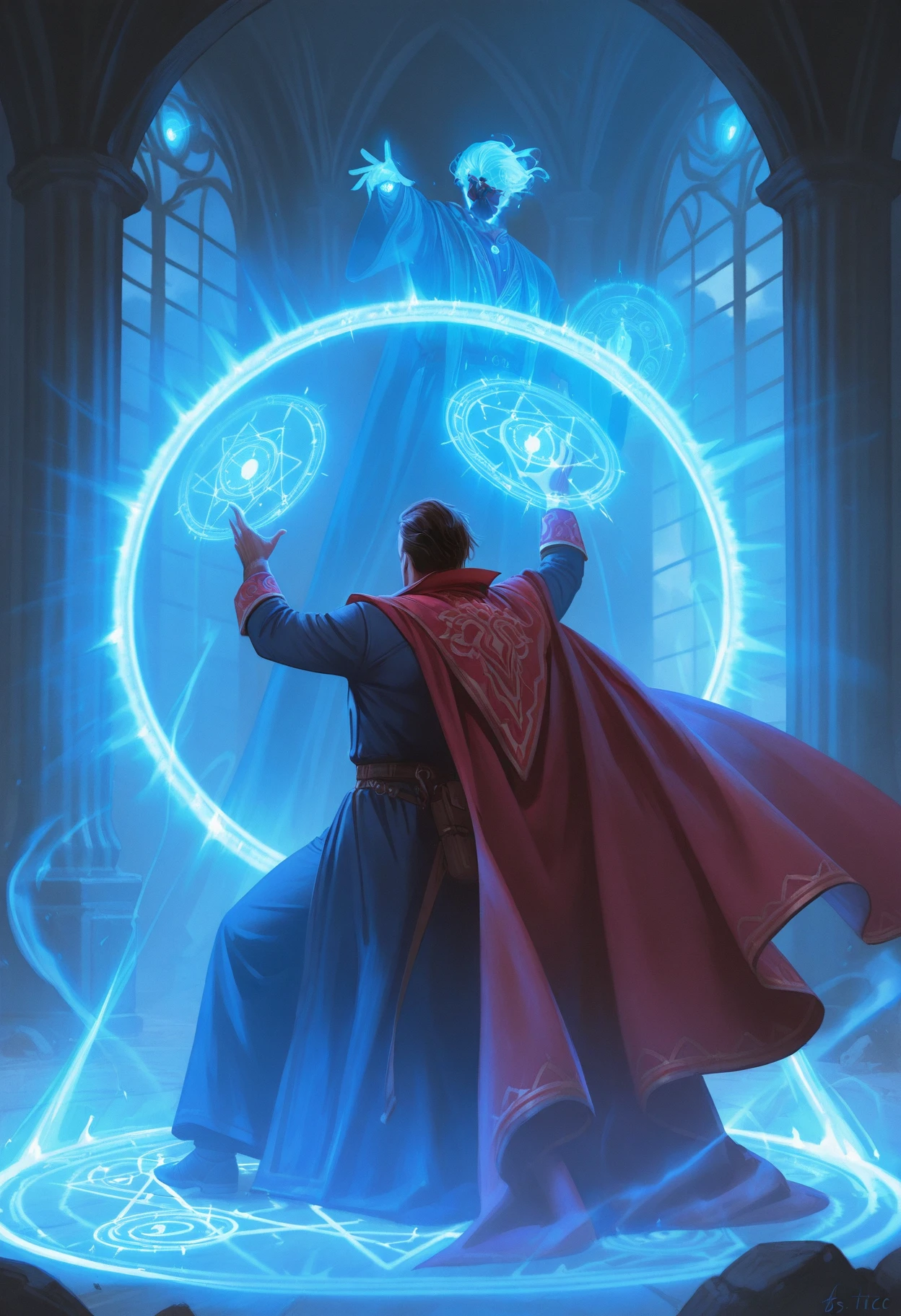 masterpiece, best quality, realisitc, 
 <lora:forcefield [IL]:0.9> forcefield, magic, magic circle, glowing, battle, light blue aura, 
1boy, male focus, dr. strange, dr strange, red cape, blue clothes,