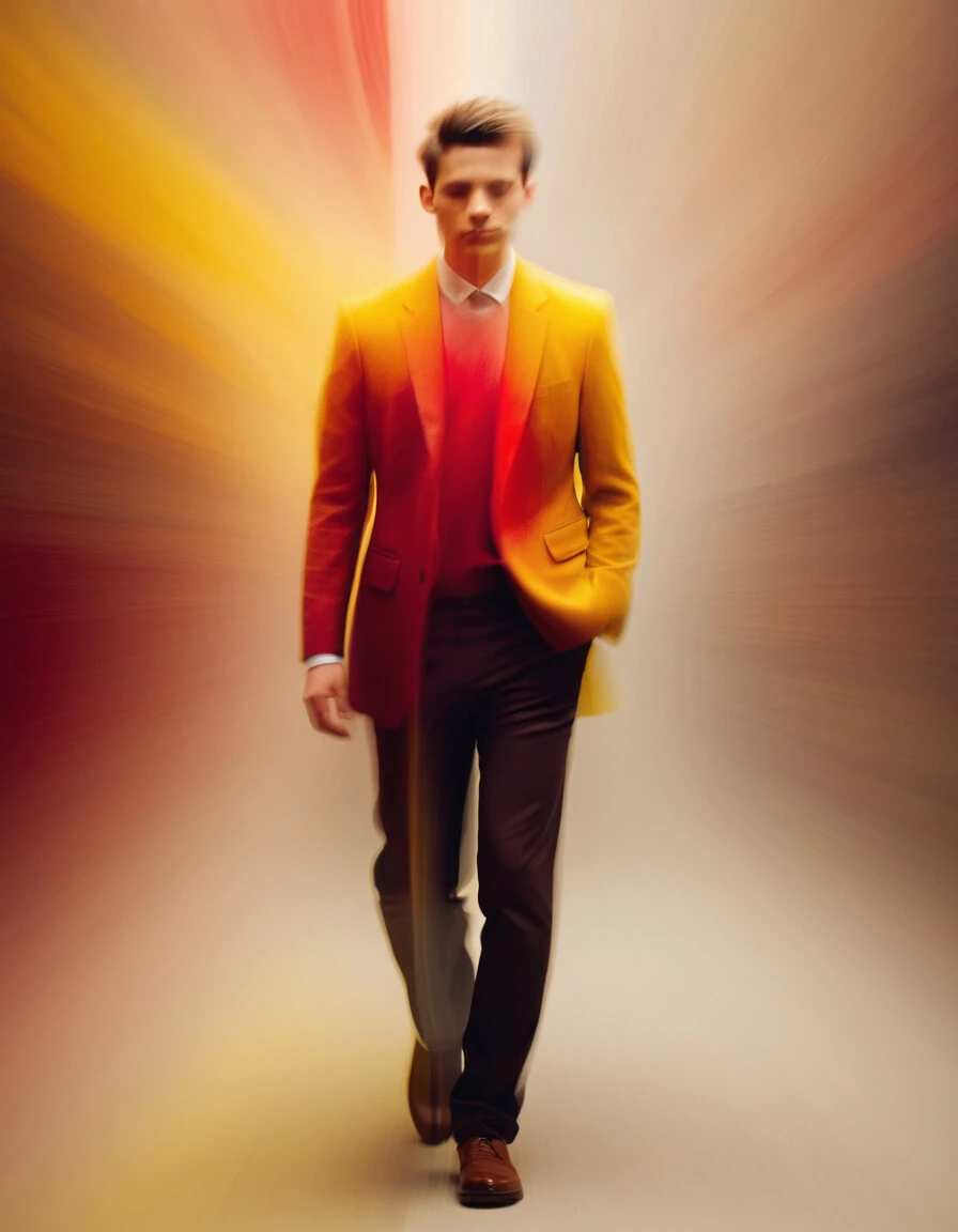 abstract, motion blur, warm color palette, male figure, red yellow dominant colors, surreal effect, multiple exposures, ghosting image, contemporary portrait, overlapping visual elements, gradient, soft focus,