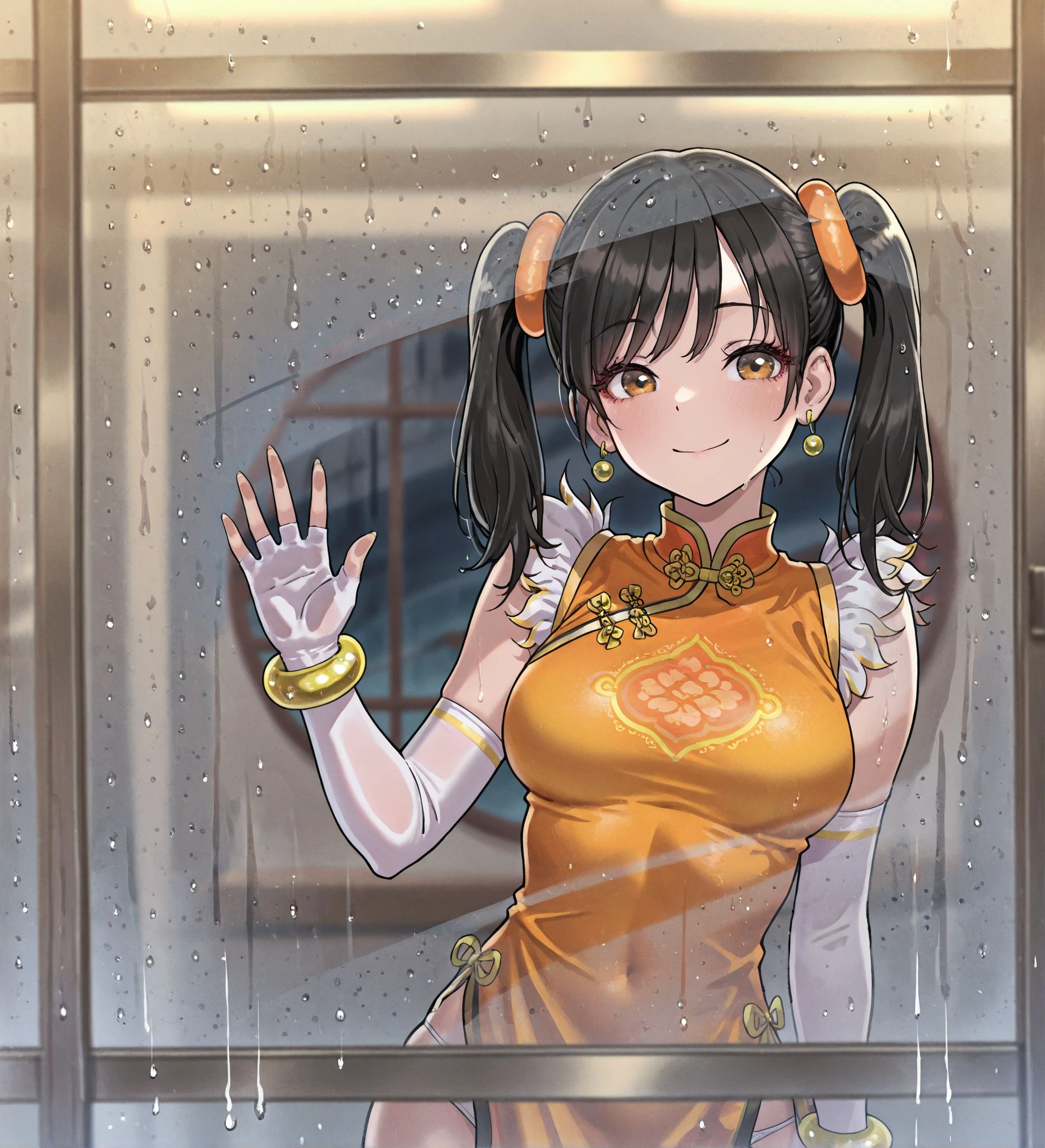 masterpiece,best quality,amazing quality,very aesthetic,absurdres,newest, huge filesize,
<lora:spo_sdxl_10ep_4k-data_lora_webui:0.5>,
<lora:add-detail-xl:1>
 1girl, condensation, hand on glass, blurry, water drop, rain, window light smile <lora:glass_fog_wiping_il_d32:1>
Yamashita_shunya_STYLE, 1girl, chinese clothes,twintails, gloves, underwear, panties, dress, black hair, china dress, fingerless gloves, white elbow gloves, jewelry, bracelet, white panties, Ling ling xiaoyu, orange dress,
<lora:Yamashita_shunya_STYLE:0.8>  
Yamashita_shunya_STYLE,