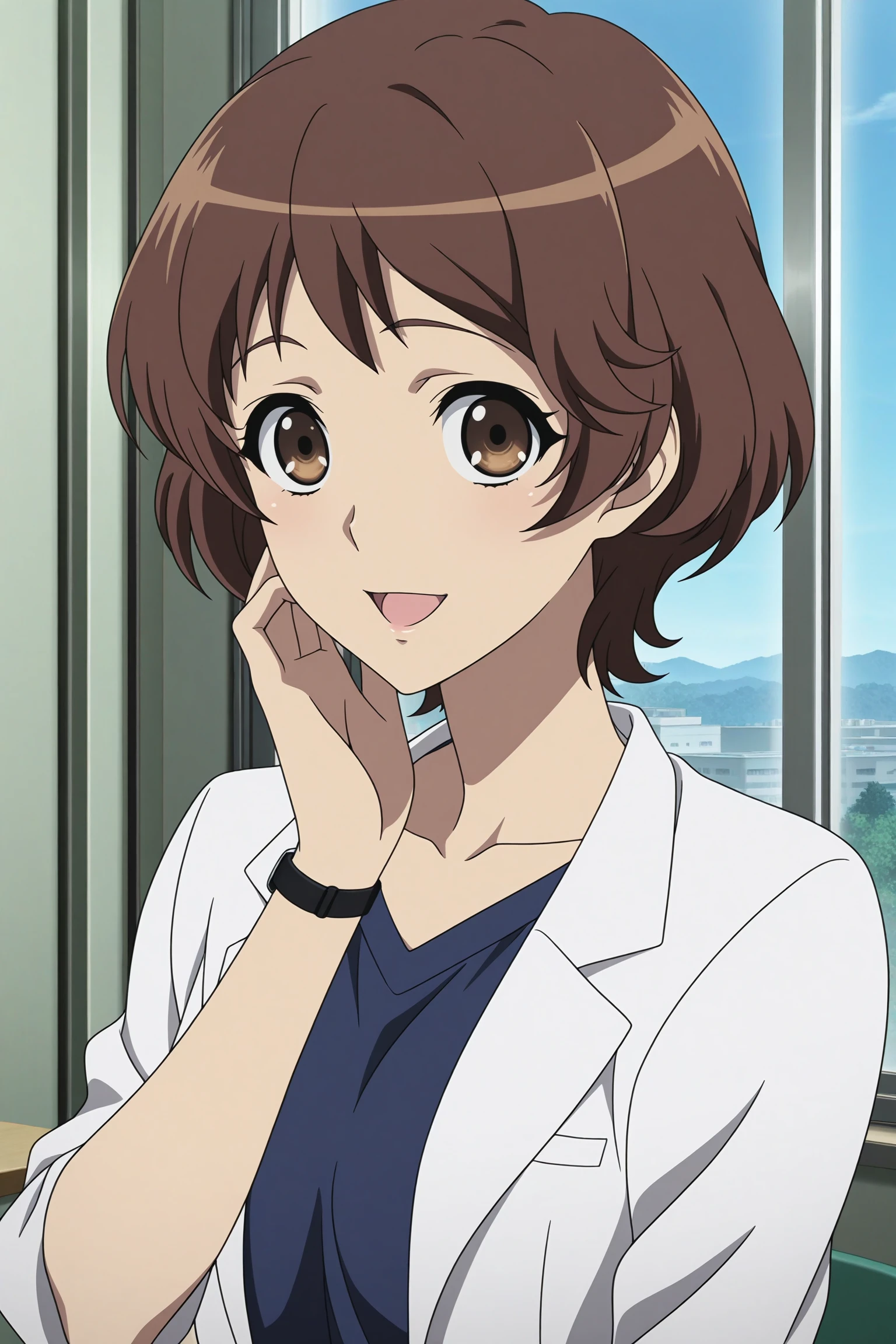 masterpiece, best quality, amazing quality, highres, absurdres, very aesthetic, high resolution, ultra detailed, perfect details, 1girl, solo, indoors, hospital, day, blue sky, window, mizuno sanae, brown hair, short hair, brown eyes, wristwatch, sandals, blue shirt, blue pants, lab coat, <lora:Sanae_Mizuno_ILXL:0.8>, (aged up:1.4), (upper body:1.2), (anime coloring:1.2), (anime screencap:1.2), smile, open mouth, (pose:1.2), looking at viewer