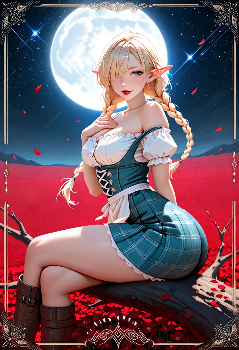 1girl, solo, (Card Border: 1.3), (Elf Female: 1.3), (Long Blonde Hair Over One Eye with long side bangs, in twin braids: 1.5), (Thicc Thighs: 1.3), (Thicc Calves: 1.3), (Big Ass: 1.3), (Slightly Plump: 1.2), petite, Curvy, (Red Lipstick: 1.3), (Medium breasts: 1.3), (Blue and White Off Shoulder dirndl: 1.3), (Blue plaid knee-length kilt: 1.3), (Brown Leather Boots: 1.3), (Sitting on a branch in a large tree, legs crossed, in a red flower field, red flower petals flowing in the wind, hair flowing in the wind, hand resting on top of chest, at night under the full moon and starry sky with galaxies visible: 1.3), (From Side: 1.7), Cowboy shot: 1.3, Eyes half open, looking at viewer, mouth closed: 1.3, (nv-celestialskin), Dark Lighting, Lowkey Lighting, Dark Colors, highly detailed masterpiece, High_Resolution_Textures, (stunning design:1.2), (stunning concept design), Intricately_Detailed_design, Legendary_masterpiece, Realistic_texturing, ultra_soft_texturing, Complex_texturing, Insanely_Flawless_Details, Legendary_Details, Full_Color_scheme, Detailed_color_scheme, Complex_colors, Complex_details
<lora:StS-Illustrious-Detail-Slider-v1.0:4.5>  <lora:thicc_v1.4-pony:0.6>