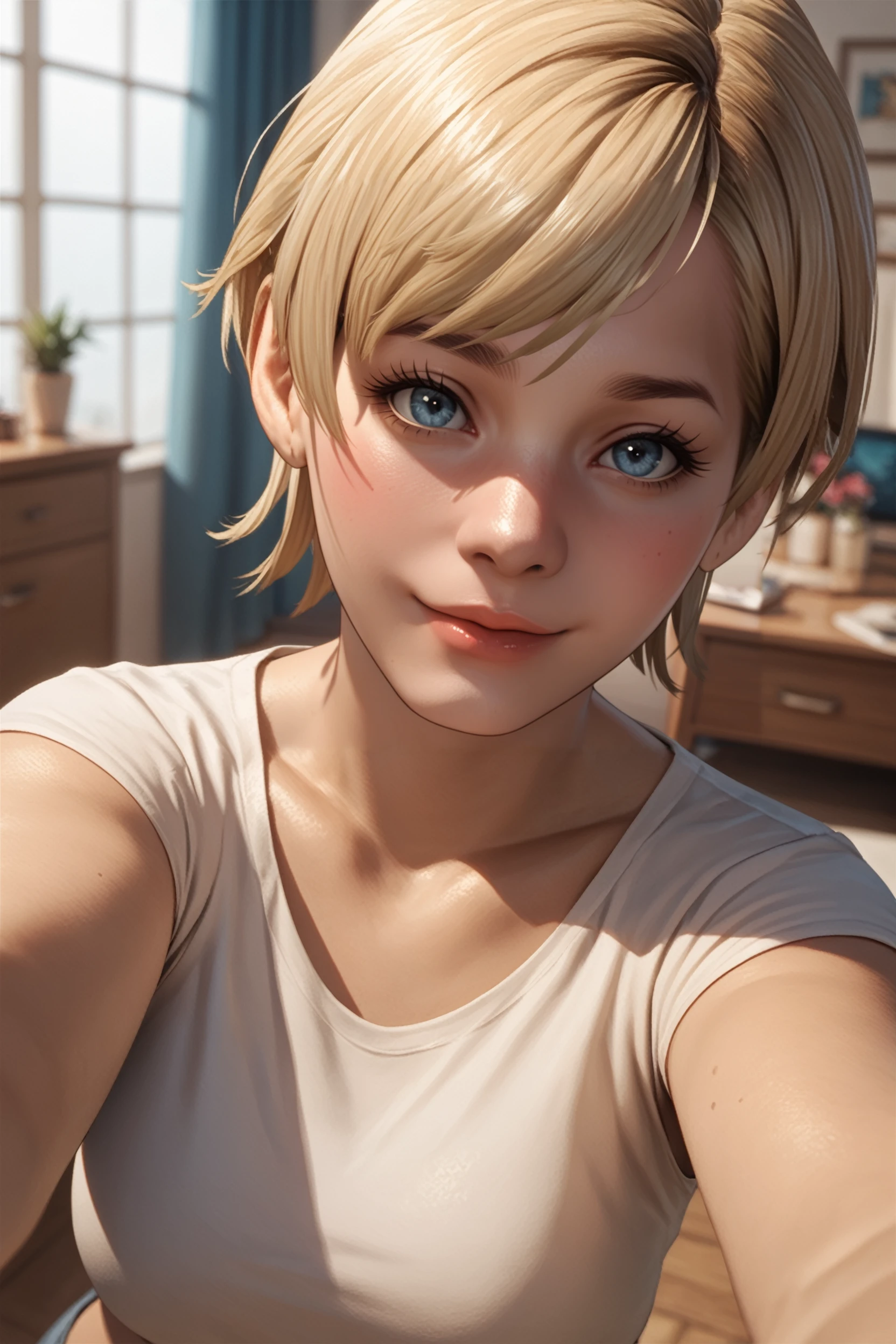 (wear a smile, flower, white background, grin, white shirt, looking at viewer, simple background, bouquet, upper body, white shirt:1.3), a (selfie:1.2) of a pretty (young:1.5) 1girl, black ebony Nigerian girl, (teenage:1.5), Rembrandt lighting, (white hair, wavy hair:1.36), alluring expression photograph for passports, ID cards, (close to viewer, POV:1.1), small breasts, from above, dynamic light, day light, sunshine, (freckles:0.2), (dark mole:0.2), (skin spots, acnes, real pores, skin blemishes, age spot, lanugo:0.2), (in an old abandoned slaughterhouse:1.3) NaturalHand2-3500 cinematic angle, (cinematic_light, cinematic_shadows, bokeh, depth of field:1.2), natural skin texture, hyperrealism, hdr, hyperdetailed, RAW photo, photorealistic, best quality, highres, realistic, 8k, caustics, dynamic light, beautiful and delicate lips, delicate fingers, detailed pupil, real human skin,