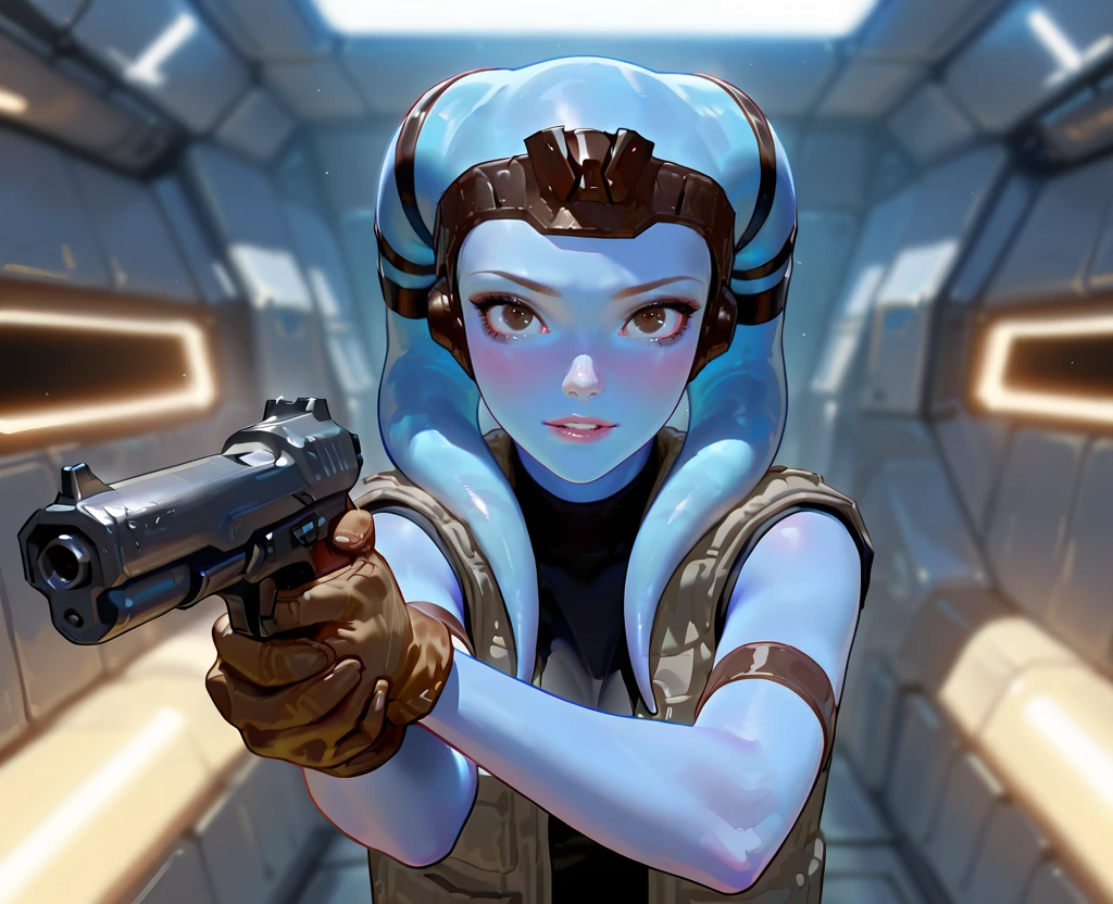 masterpiece, 1440p, 8k, UHD, amazing quality, high resolution,  <lora:Mission_Vao_Illustrious:1> missionvao, twilek, blue skin, lekku, alien, 1girl, weapon, blue skin, solo, gun, colored skin, gloves, tentacle hair, handgun, lips, nose, holding, holding gun, holding weapon, vest, science fiction, spacecraft interior