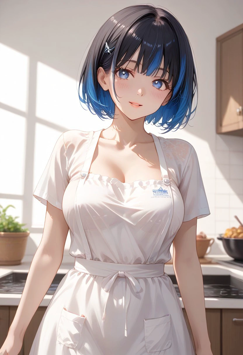 (Shion Tachibana, Short hair, Black hair, Multicolored Blue hair, Expressive eyes, Blue crystal eyes), perfect face, blushing, happy expression, perfect body, tall, white skin, big breasts, kitchen background, wearing a daily outfit, white shirt, short, apron, cooking, The lighting creates dramatic shadows and highlights, adding depth to the artwork, The perspective is taken from a slightly further angle to increase the impact of the situation around the character. (masterpiece, detailed:1.2), (High Resolution), (More Details), (8K), (High Resolution), Aesthetic style, (glitter), soft anime, intricate colors, vibrant colors, color detail, ((Anime illustration)), ((Incarnate detail)), ((Masterpiece)), ((Highest quality)), easynegative,