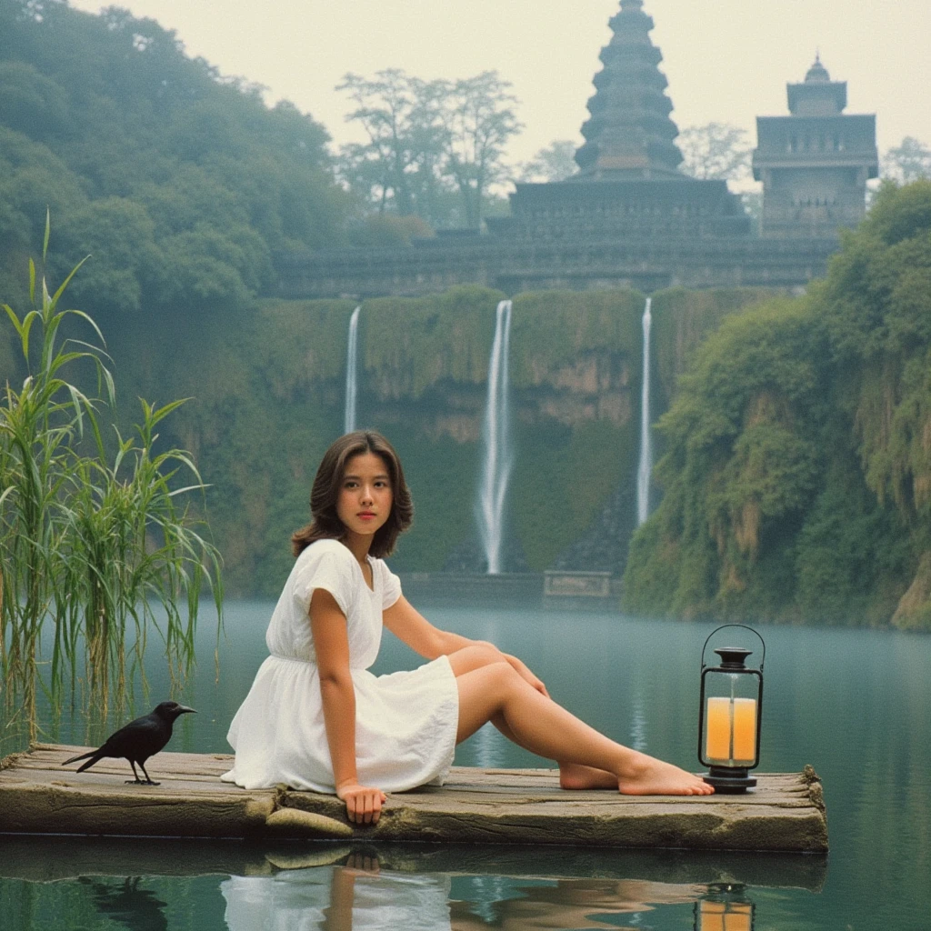 1980s poster, vintage analog photo of a young woman sitting on a floating wooden raft in a misty lake, wearing a simple white dress and barefoot, her toes skimming the water. Tall reeds surround her, and moss-covered cliffs with thin waterfalls rise in the background. The overcast sky blends with the mist, creating a serene atmosphere. A lantern glows softly on the raft's edge, and a blackbird perches on a nearby reed. An ancient temple with intricate walls and watterfalls cascading from its entrance can be seen in the background. The image is photojournalistic, award-winning, typical of the 1980s.