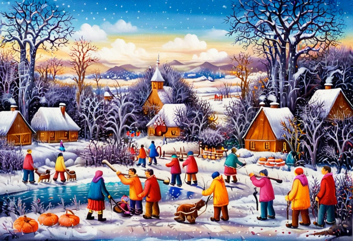 dr4g4n, style of dr4g4n,A charming naïve art painting depicting several children playing hockey on a frozen river in a quaint rural village. The children, dressed in colorful winter clothing with scarves, hats, and mittens, are joyfully skating and competing with wooden hockey sticks. The frozen river winds through the village, surrounded by small, snow-covered houses with smoking chimneys, and tall trees dusted with snow. The scene is rendered in bold, vibrant colors with simple shapes and exaggerated proportions, creating a playful and nostalgic atmosphere. The sky is a bright winter blue with soft clouds, and the overall composition radiates warmth and innocence, capturing the joy of childhood in a picturesque winter setting.<lora:dr4g4n:1>,<lora:SDXLFaeTastic2400:0.4> <lora:extremely_detailed:0.4> extremely detailed, Masterpiece,best quality,hi res,8k,hi res,8k,award winning,(sharp focus, intricate, highly detailed),