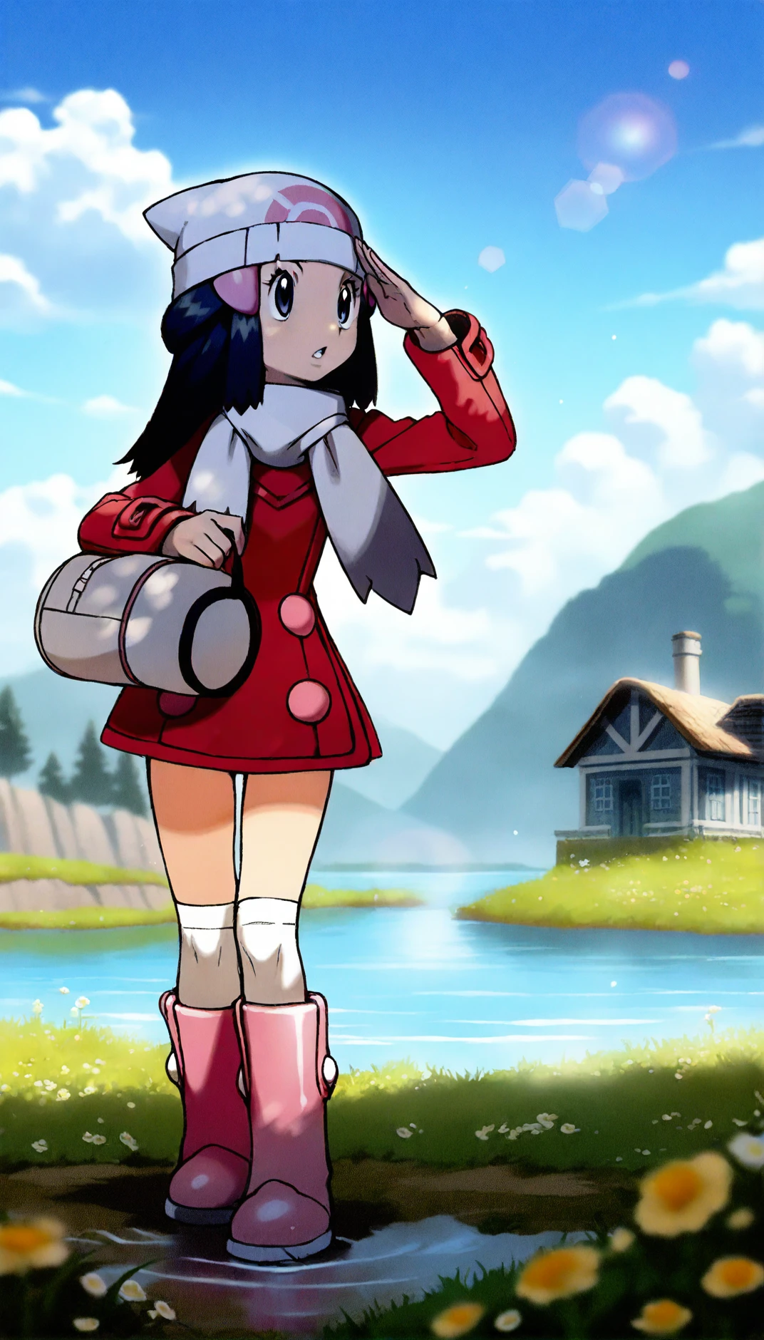 masterpiece,best quality,amazing quality,
<lora:hikaridawnIL:1>,hikaridawn,
1girl,solo,navy blue hair,long hair,
dark blue eyes,looking ahead,parted lips,
white beanie,pink hair clips,red overcoat,white scarf,white shoulder bag,
white kneehighs,light pink boots,
full body,standing,salute,
blurry background,depth of field,soft lighting,light particles,lens flare,
blue sky,cloud,grass,flower,distant hills,white fence,water,after rain,