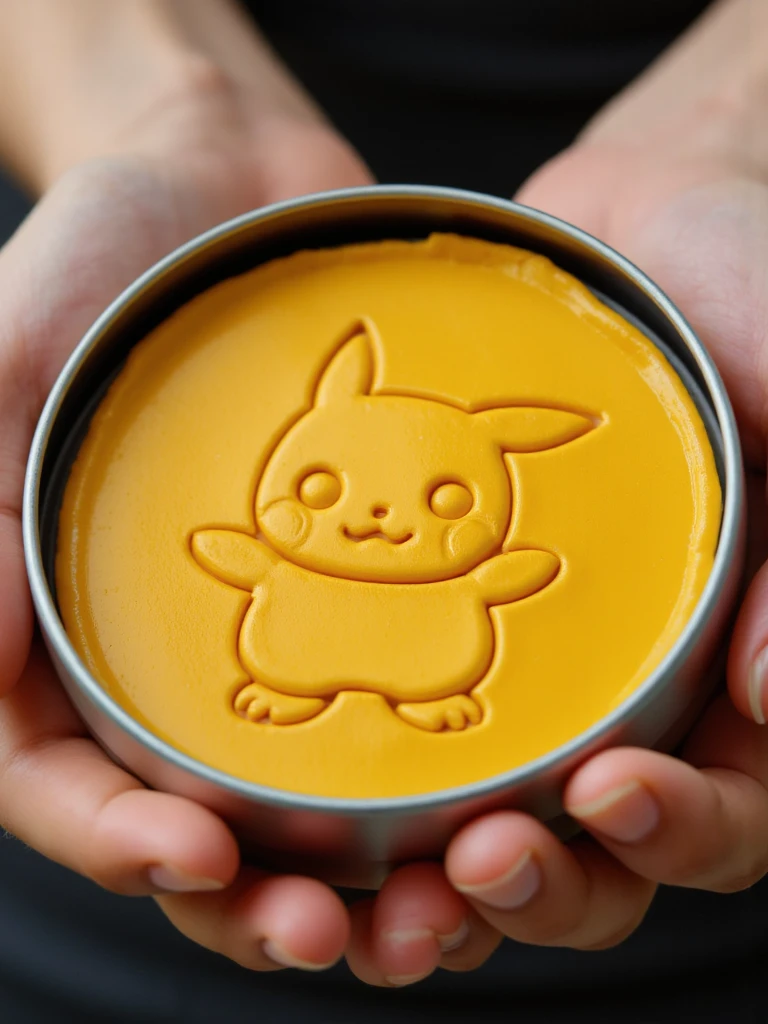 A flat dalgona candy with a carved pikachu design, placed in a circular tin held by two hands, with a vibrant, close-up focus on the flat candy, crafted for precise carving and extraction