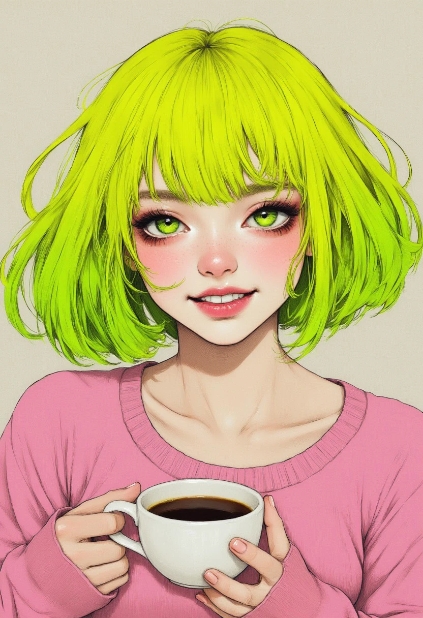 MoodyGirls, Japanese emo girl with heavy eye makeup and a messy lime green and yellow bobcut hair, smiling widely, rosy cheeks, wearing a cute pink sweater with the sleeves covering her hands while holding a cup of hot coffee