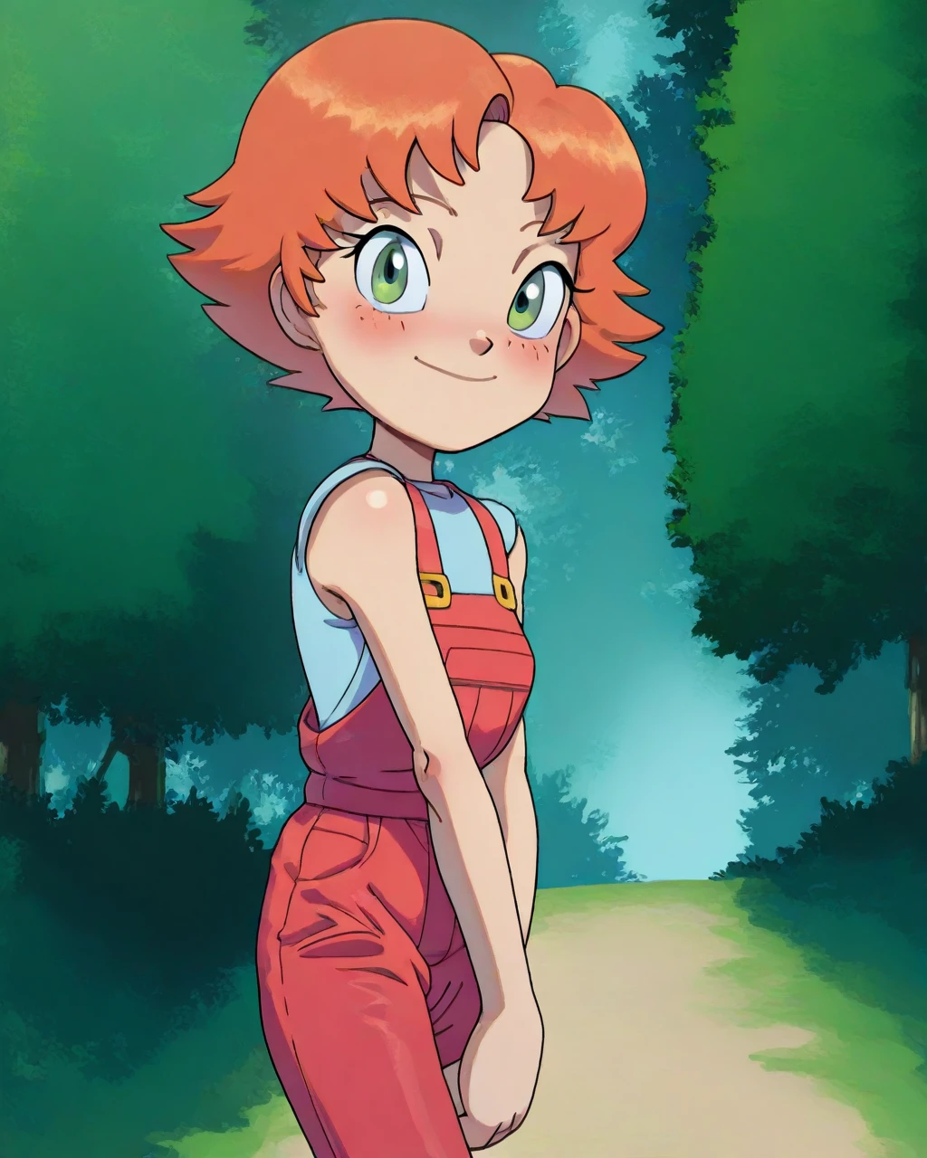 masterpiece, best quality, evnstnly, 1girl, solo, sxfrances, blue shirt, sleeveless, orange overalls, long pants, happy, blush, v arms, looking at viewer, walking, upper body, forest