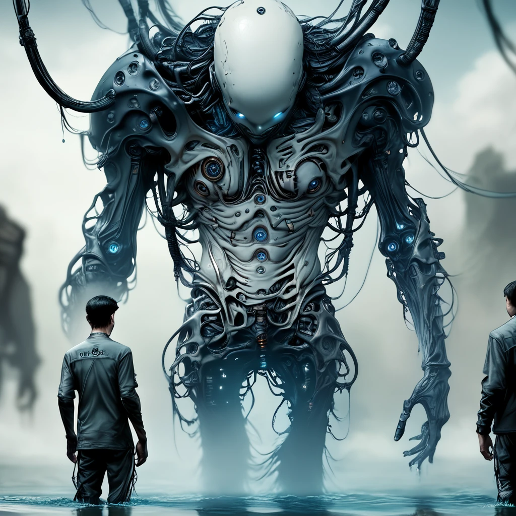 Score_9, score_8_up, score_7_up, score_6_up, BREAK <lora:Eldritch_Sci-FiPony:1> ArsMJStyle, Eldritch Sci-Fi, The image shows a giant robot standing in the middle of a body of water with two people standing on either side of it. The sky is visible in the background creating a mysterious atmosphere., multiple boys, cable, blurry, 2boys, science fiction, depth of field, robot, black hair, standing, size difference