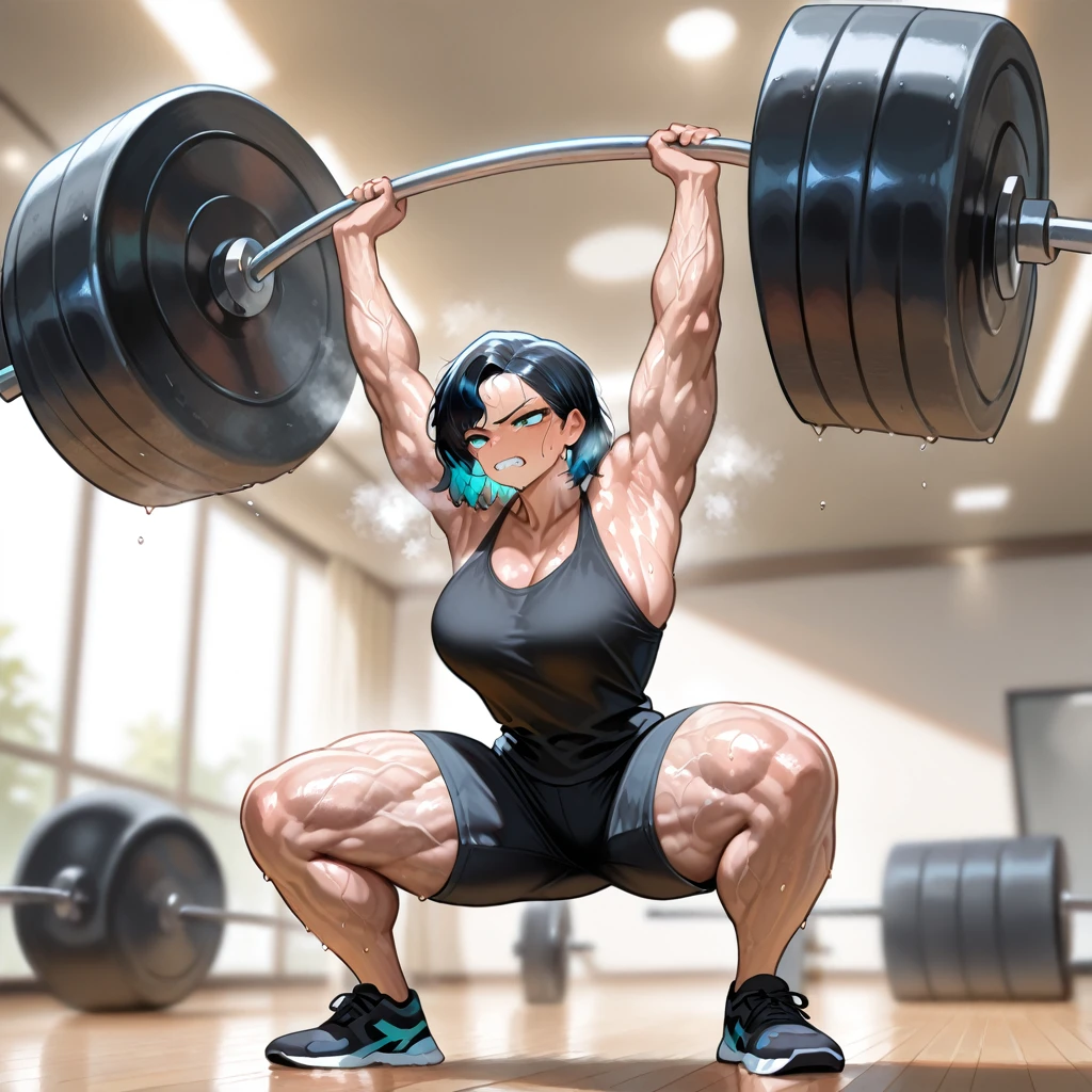 1girl, 
muscular, muscular female, 
shorts, tank top, 
exercising, 
sweat, sweatdrop, heavy breathing, wet, wet hair, steaming body, 
clenched teeth, (veins:1.2), (veiny arms:1.2), (veiny thighs:1.2), 
barbell over head, arms up, (oversized barbell:1.2), squatting, dynamic pose, 
indoors, gym, 
wide shot, full body, 
colorful, shiny skin, 
masterpiece, best quality, amazing quality, very aesthetic, absurdres, newest, scenery, (volumetric lighting:1.1), depth of field <lora:Barbell_Over_Head:1>