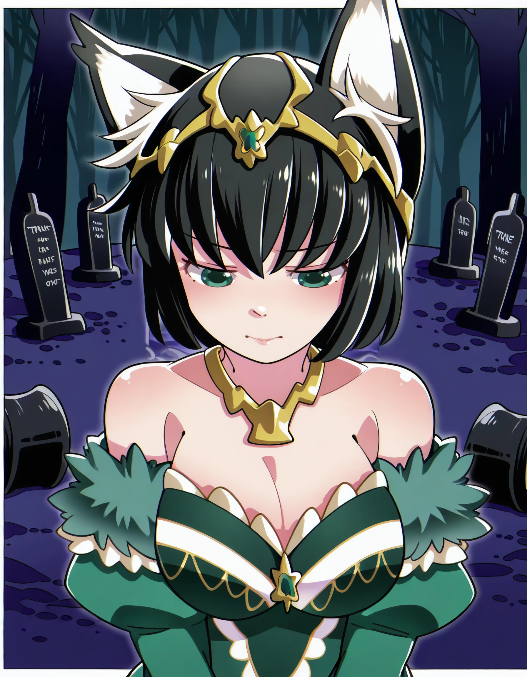 <lora:tama_il:1> , short_hair, black_hair, cat_ears, green_eyes, tamagreen, tiara,  green_dress, fur_trim, (1girl, solo), 1girl, border, closed_mouth, eyelashes, gradient_background, green_background, lips, looking_at_viewer, nose, pink_lips, solo, upper_body, white_border, inset_border, Bear_print, graveyard, masterpiece, detailed, best_quality, (hammer_\(sunset_beach\):1.3)