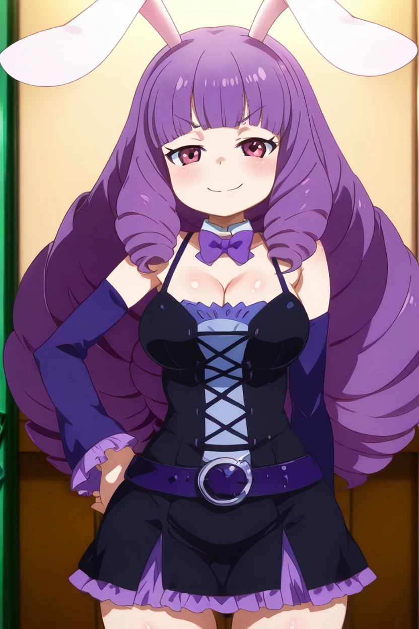 masterpiece, best quality, solo, curvy, beautiful eyes,zzChuchu, pink eyes, drill hair, long hair, purple hair, , animal ears, rabbit ears, blunt bangs, rabbit girl,  dress, bow, cleavage, detached sleeves, belt, bowtie, detached collar,  <lora:Chuchu_ShowByRock_IXL:1.0>, cowboy shot, hand on hip, smug, smile, looking at viewer, shiny skin,<lora:HaradaTakehitoIXL_v3:1.3>, <lora:ZankuroIXLLight_v2:0.6>,