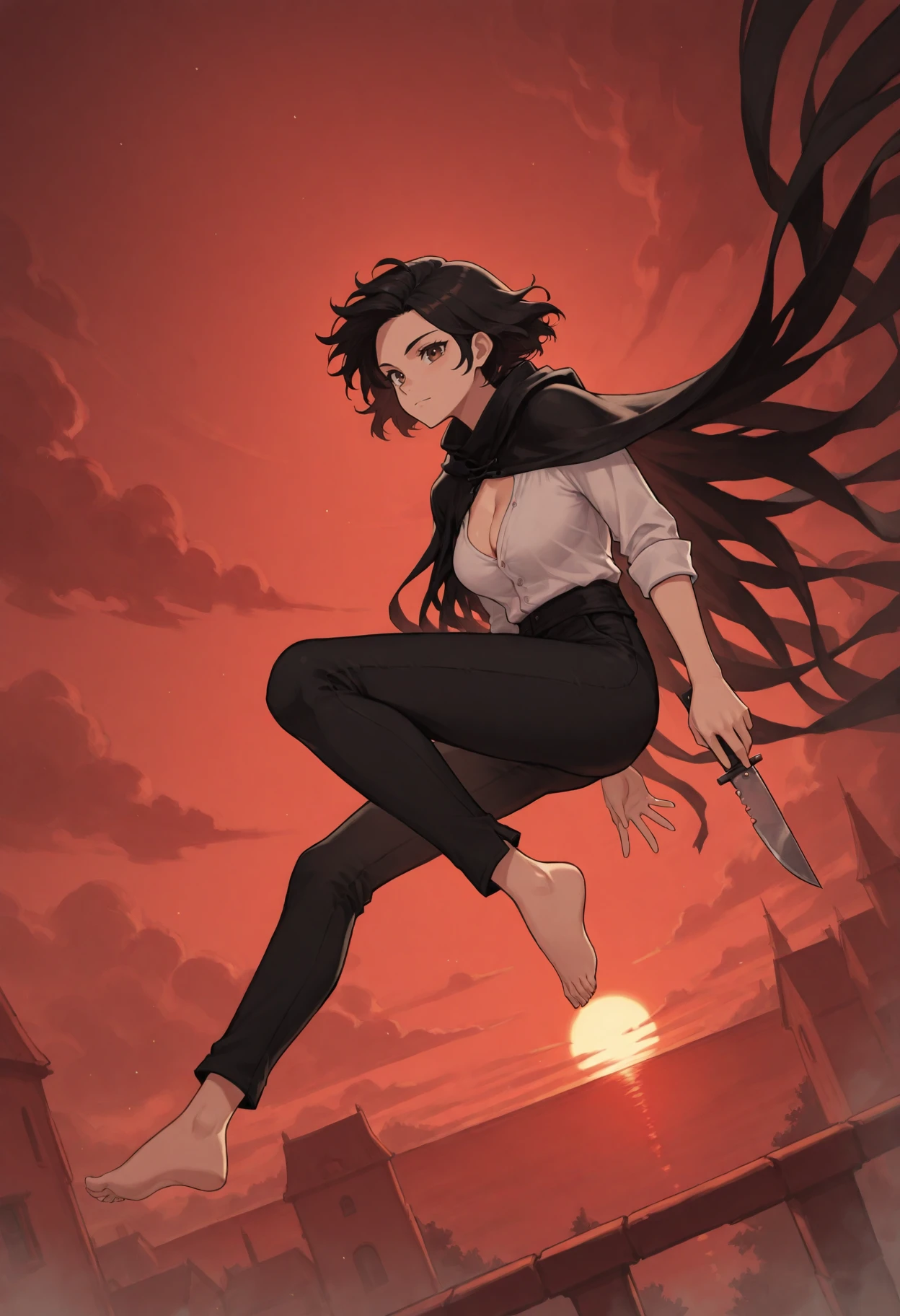 v1n, floating, knife, 1girl, solo, tasselled cloak, brown eyes, short black hair, white shirt, cleavage, black pants, barefoot, red sunset, <lora:VinIllustrious:0.8>