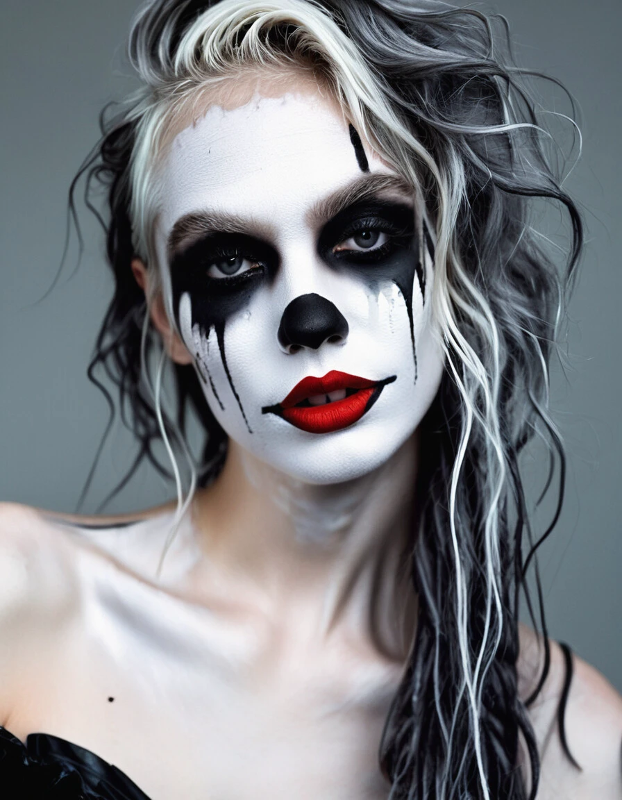 young white woman with dramatic makeup resembling a melted clown, deep black smokey eyes, smeared red lipstick, and white face paint streaks, wet hair falling over shoulders, dark and intense aesthetic, fashion editorial style, aged around 20 years, inspired by rick genest's zombie boy look, best quality