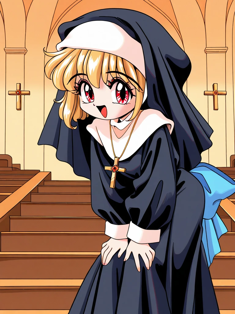 general,highres, ultra-detailed,very aesthetic,best quality ,best hands,  BREAK <lora:Melodylibrary_IS:1>
Melodylibrary, nun, blonde hair, red eyes, bangs, short stack,
habit, blue bow, jewelry, cross necklace, long sleeves,
1girl, solo, cross, habit, jewelry, retro artstyle, open mouth, cross necklace, 1990s (style), necklace, long sleeves, short hair, looking at viewer, hands on own knees, stairs, smile, leaning forward, church, latin cross, dress