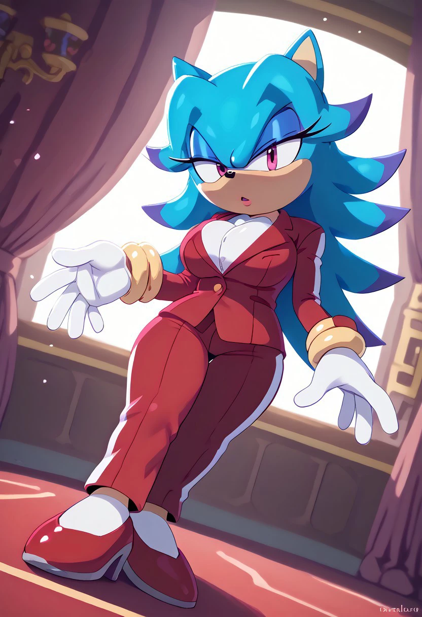 score_9, score_8_up, score_7_up, (best quality:1.1), ultra-detailed, high resolution, 8k, Breezie the Hedgehog, teal skin, lavender eyes, purple eyeshadow, red suit, white gloves, red heels, casino, cute, solo, ((big breasts, voluptuous, thick thighs, skinny, petite, curvy, busty, high quality, masterpiece, wide hips)), (((dutch angle, sexy tease, sexy pose, stylish pose))) BREAK outside, Rich, Detailed background, ambient light