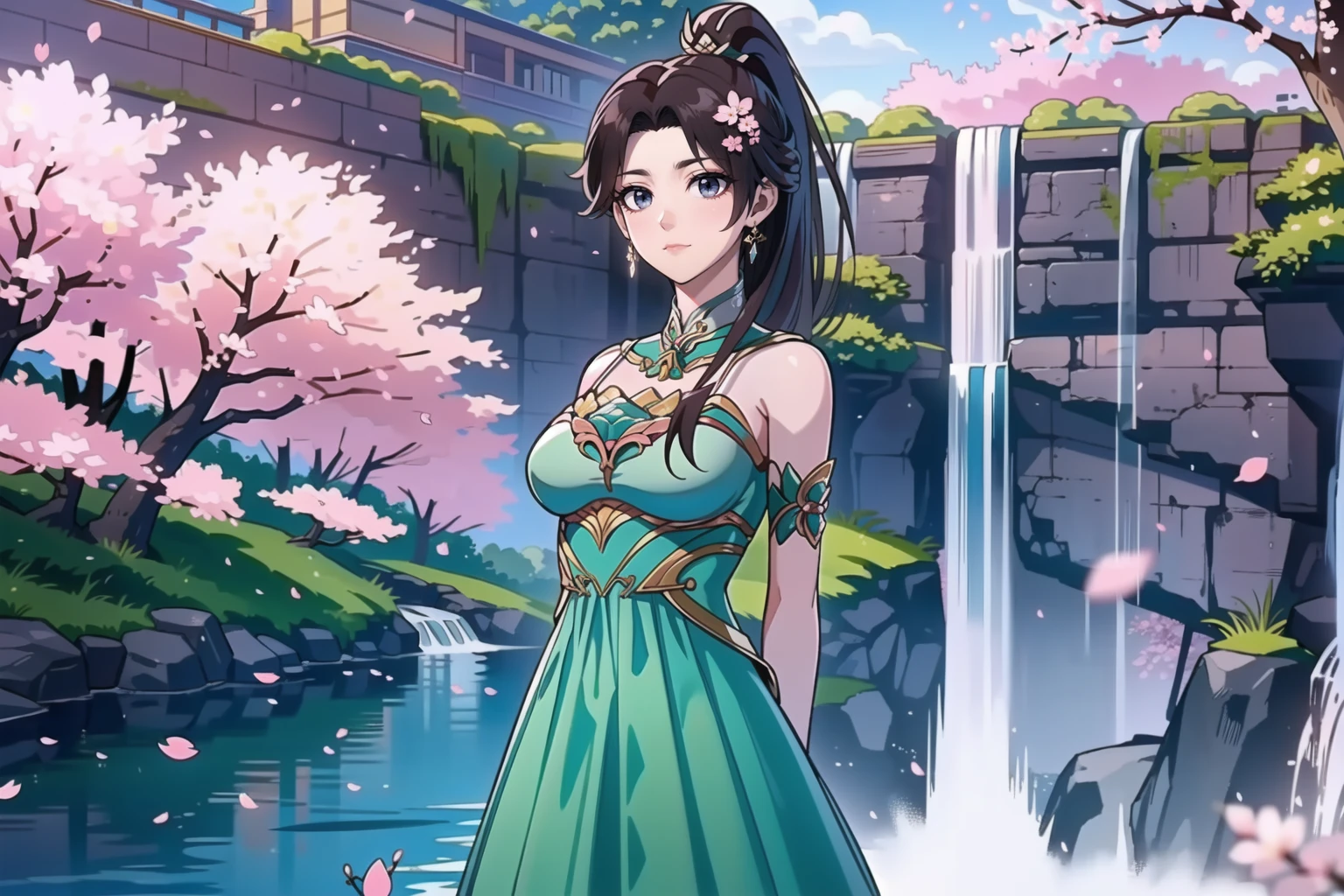 (medium shot),1girl,solo,closed mouth,(ponytail),hair ornament,earrings,jewelry,detached collar,clothing cutout,green dress,arms behind back,(looking at viewer),outdoors,nature,(waterfall:1.3),(cherry blossoms:1.2,falling petals:1.3),depth of field,Highly detailed,(best quality:1.5,masterpiece:1.5),<lora:xiaoxuner:0.85>,xuner,