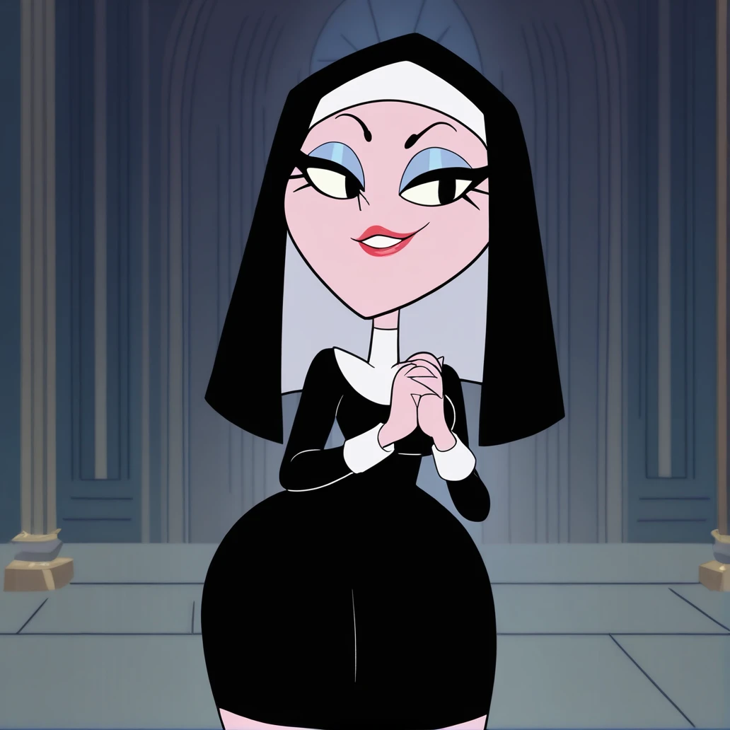 <lora:Bianca_Bikini:1> Bianca Bikini, 1girl, solo, indoors, chapel, church, lipstick, pointy ears, Black dress, white color, nun, headpiece, sexy, photogenic, (seductive:1.3), 2D cartoon, flat color, (((masterpiece,best quality,newest,absurdres,highres))) 