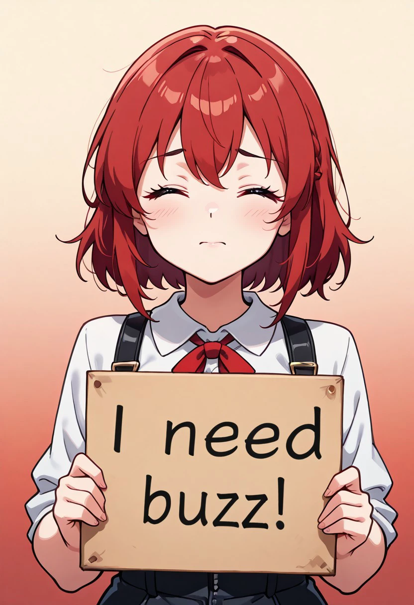 masterpiece, need_buzz, holding sign, anime, 1girl, red hair, closed eyes, confident, gradient background