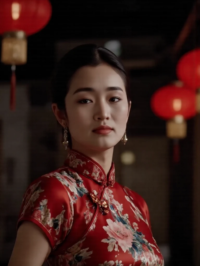 cinematic film still of There are wonderful studio lights and various reflections,
her thin face is very delicate,(her waist is very thin :1.1),skin naturally showing the texture of blood vessels,detailed pale skin,
18yo beautiful cute chinese girl with blushing,(portrait:1.2),
<lora:gongli_a_f1_rank2_bf16:0.96>,
--,<lora:flux_realism_lora:0.7>,
<lora:cheongsam_f1_rank4_bf16:1>,gong li wearing cheongsam with floral print,
--,
This is a scene from the movie Raise the Red Lantern. She stands dignifiedly in an ancient Chinese house with a sad expression,and the red lanterns hanging on the eaves seem to tell a sad story.,dark night,outdoors,depth,, shallow depth of field, vignette, highly detailed, high budget, bokeh, cinemascope, moody, epic, gorgeous, film grain, grainy