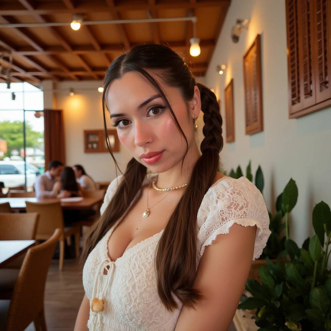 (A cinematic shot of <lora:Kailey_Mae:1> a young woman with a light to medium skin tone. a stunning female model, two braided ponytails hair, makeup and mascara. She is wearing a peasant dress, standing in cafe looking at the viewer)