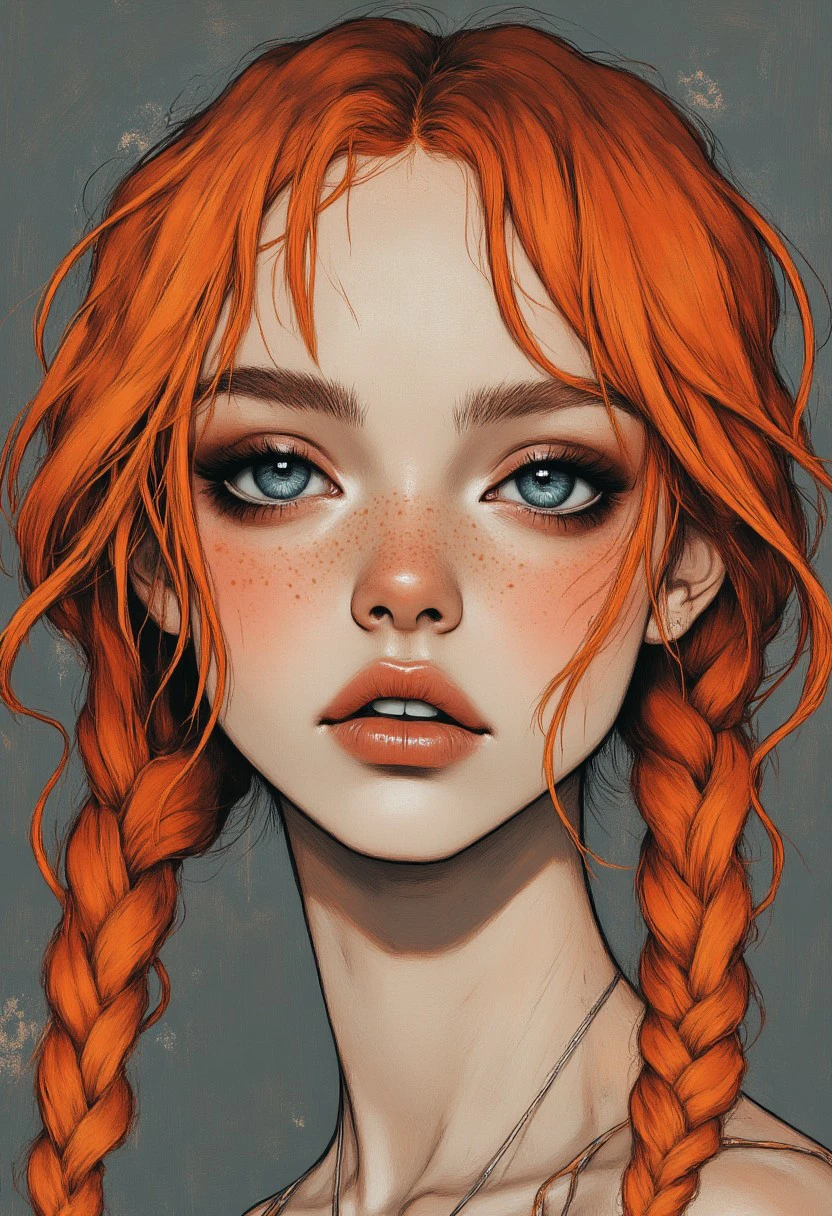 Swedish white girl with ginger colored hair, her hair is in twin braids, stunning blue eyes, MoodyGirls