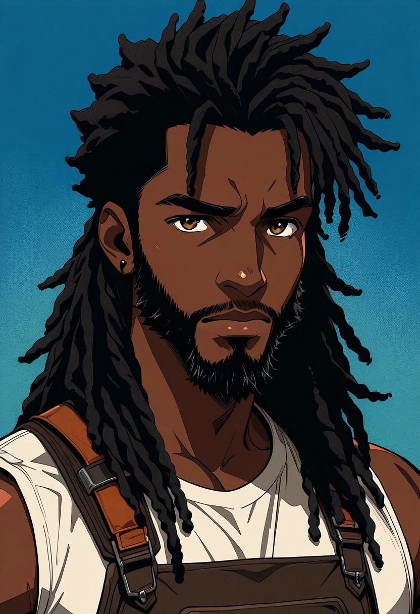 masterpiece, best quality, newest, absurdres, highres,  anime, anime style 1boy, IllustratedafricanmaleV1.5, dark-skinned male, african male, african, DredlocksIL-V1.5, dredlocks, beard, facial hair,