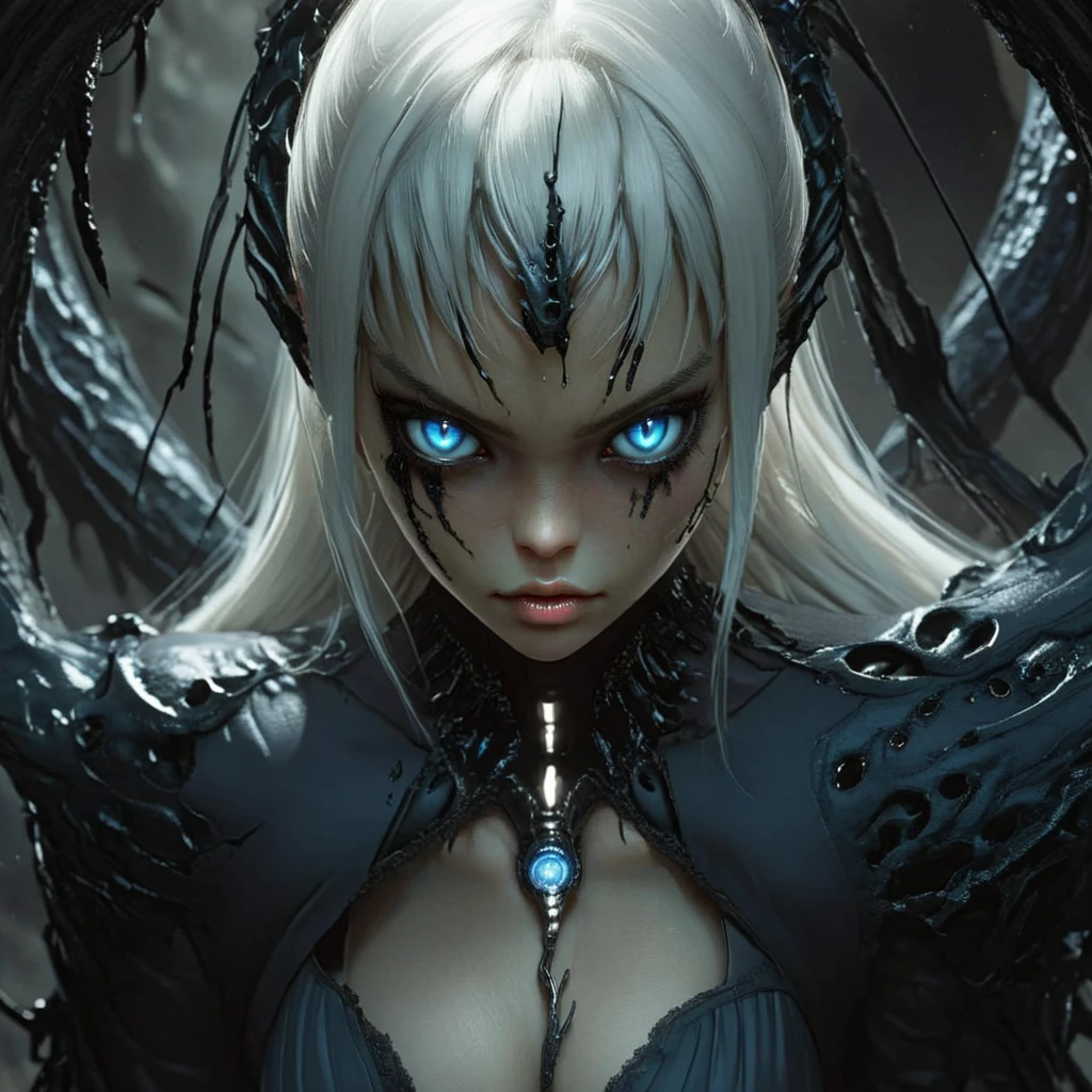 <lora:Eldritch_Sci-FiSDXL:1> ArsMJStyle, Eldritch Sci-Fi, The image shows a woman with blue eyes wearing a black dress standing in a dark and mysterious environment. She appears to be a character from the game Dark Souls III: The Ringed City as indicated by the title of the image "Dark Souls III The Ring of the Ring"., 1girl, solo, blue eyes, looking at viewer, lips, glowing eyes, glowing, white hair, colored sclera, closed mouth