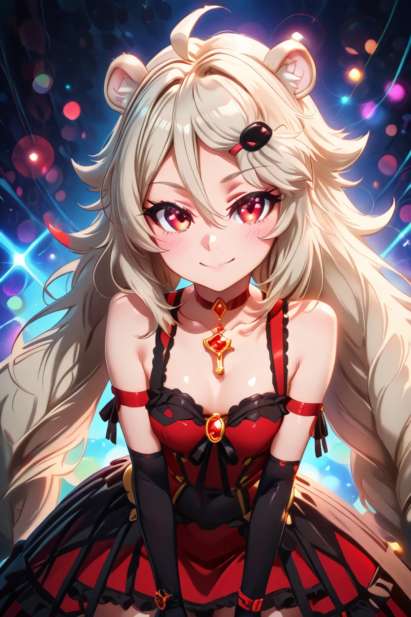 masterpiece, best quality, solo, curvy, beautiful eyes,zzAilane, red eyes, ahoge, blonde hair, grey hair, hair ornament, hairclip, long hair, hair between eyes, animal ears, animal ear fluff,  dress, ribbon, bare shoulders, jewelry, frills, choker, black gloves, elbow gloves, necklace, ring, cross, lion ears,  <lora:Ailane_ShowByRock_IXL:1.0>, , cowboy shot, leaning forward, smile, looking at viewer, shiny skin,<lora:RealisticAnimeIXL_v2:1.0>, shiny skin, bokeh, luminescent background,