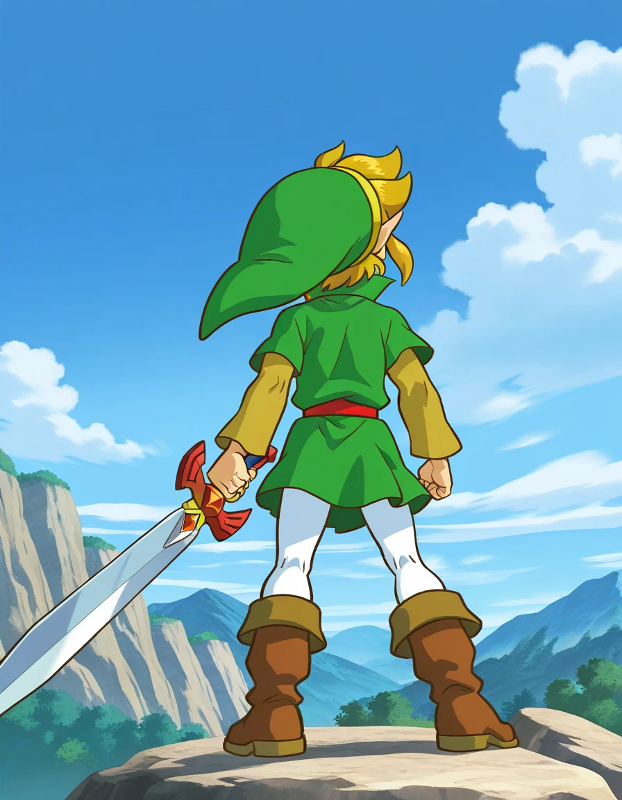 wind, landscape, rock, mountain, standing, from behind, nature, oraclelink, 1boy, young link, the legend of zelda: oracle of seasons, the legend of zelda: oracle of ages, official art, solo, male focus,  long legs, left-handed, holding sword, white pantyhose, green tunic, collared shirt, green headwear, green pleated skirt, brown boots, layered sleeves, brown sleeves, blonde hair, full body, masterpiece, best quality, absurdres, very aesthetic, <lora:oraclelink:1>