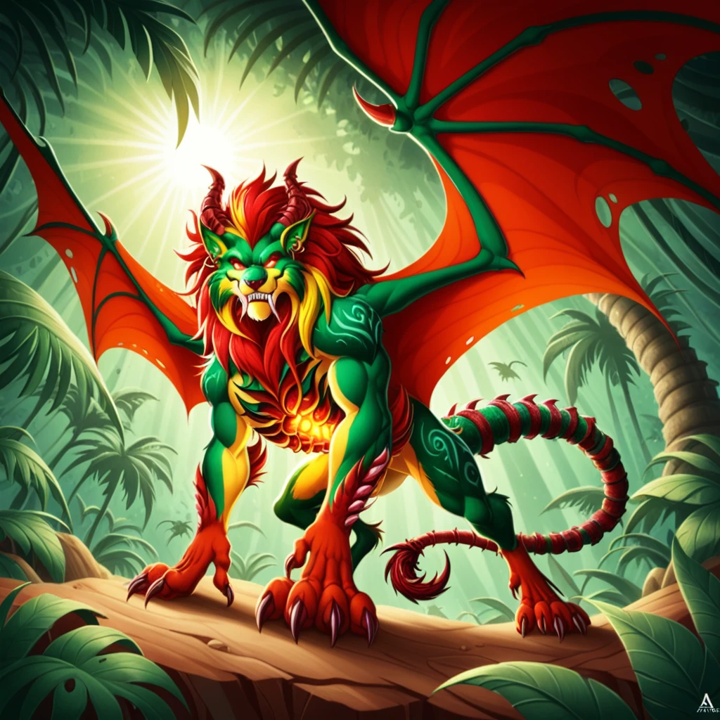 concept art <lora:manticores- sdxl1.0:1> mantik, manticore, red bat wings, ((scorpion sting)),  bat wings spread wide, scorpion tail, prowling through an overgrown jungle, emerald-green fur with golden highlights, tail sweeping leaves aside, glowing red eyes, shafts of sunlight piercing the canopy, low-angle shot, vibrant natural tones, dynamic and predatory . digital artwork, illustrative, painterly, matte painting, highly detailed