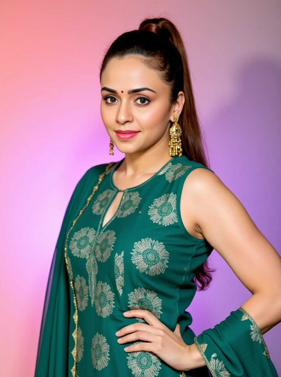 headshot photo of Amruta Khanvilkar woman,hyper realistic candid photo  studio quality, wearing intricate conservative sleeveless Forest Green Churidar Suit, high ponytail, pastel shaded multicolored background, cinematic lighting<lora:TestBed\Amruta_Khanvilkar_Flux_Kohya_LoRA_v1.safetensors:1.0:1.0>