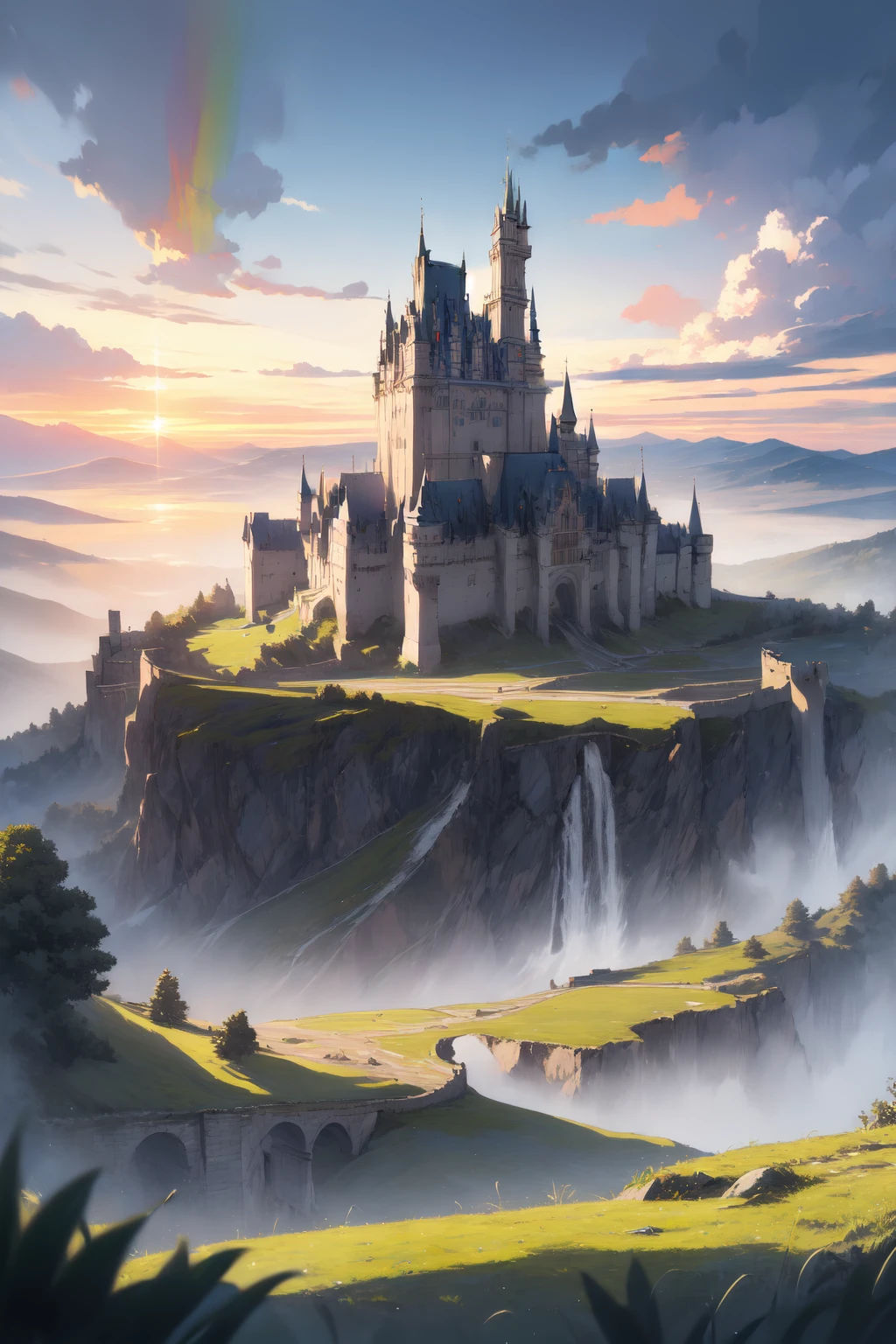 masterpiece, best quality, <lora:1.5 Between_pencils_and_semi-realism_Style:0.7> stbedap, depth of field, scenery, no humans, sunset, hill, grass, (castle:1.2), rain, rainbow, atmospheric perspective,
