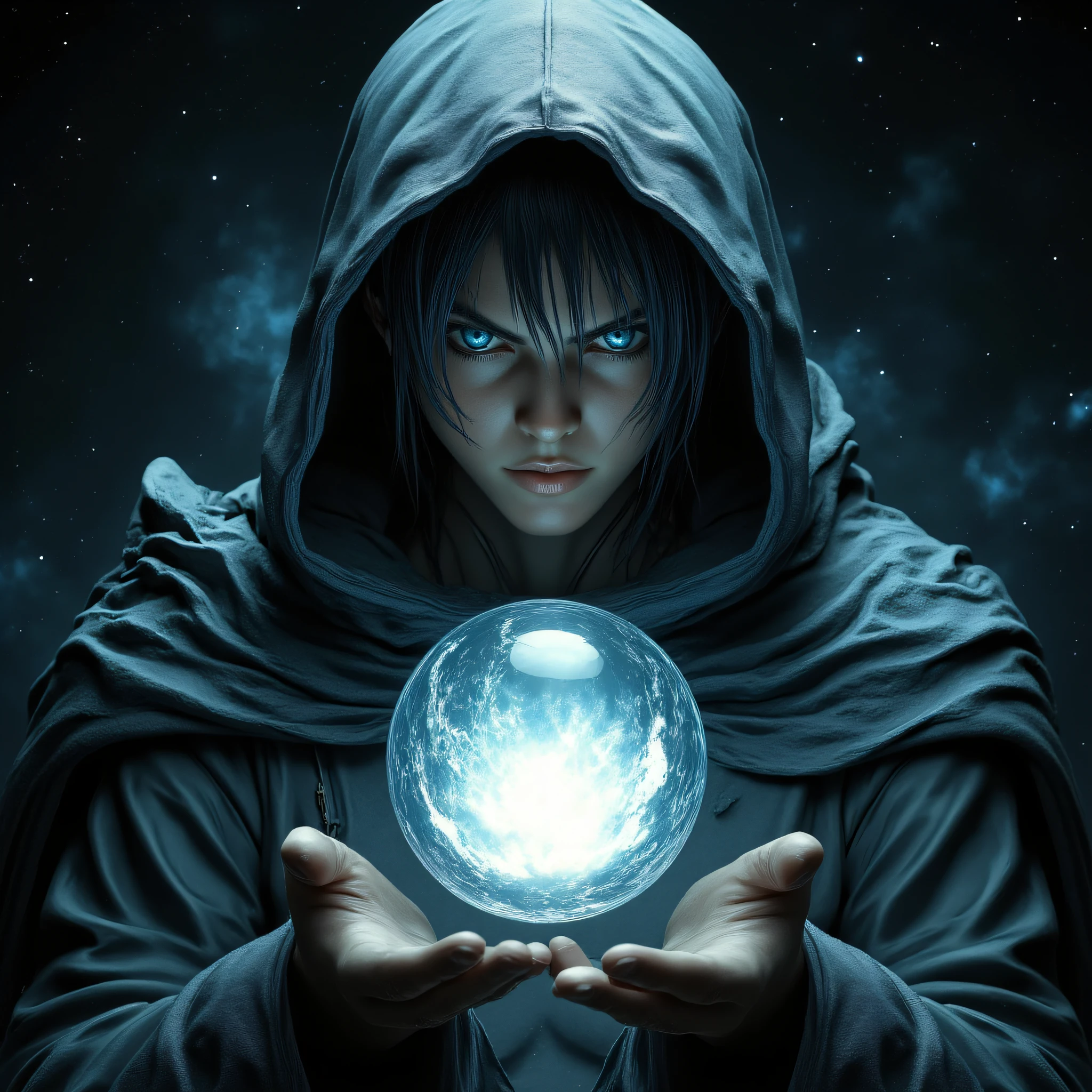 ArsMJStyle, Eldritch Sci-Fi, The image is a portrait of a young man wearing a black hooded cloak with a hood that covers his head. He is holding a crystal ball in his hands and appears to be in the process of casting it into the air. The man has long dark hair and is looking directly at the camera with a serious expression on his face. The background is dark and filled with stars and nebula giving the impression of a mystical and mystical atmosphere. The colors are vibrant and the overall mood of the image is intense and powerful., 1girl, solo, hood, blue eyes, black hair, looking at viewer, hood up, robe, upper body, realistic