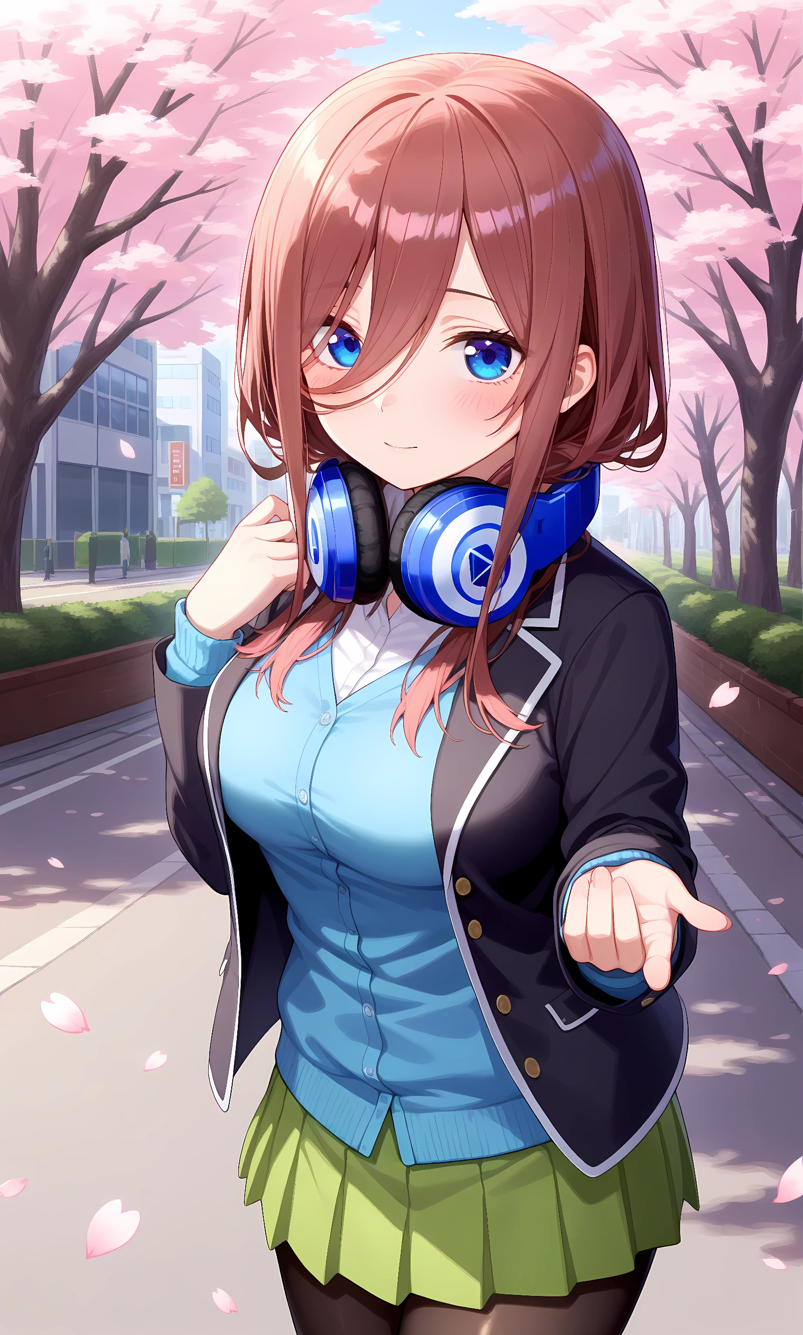 score_9, score_8_up, score_7_up, source_anime, 1girl, solo, outdoors, street, cherry blossoms, cowboy shot, looking at viewer, shiny skin, close-up, nakano miku, brown_hair, long_hair, blue_eyes, hair_between_eyes, headphones, black jacket, open clothes, blue cardigan, green skirt, pleated skirt, black pantyhose, brown shoes