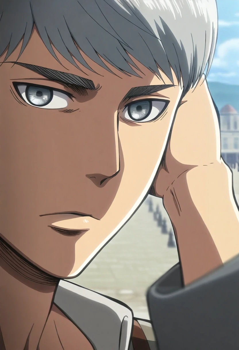 masterpiece, best quality, anime screencap, , looking at viewer, depth of field, 1boy, male focus, 1boy, yuu narukami, grey hair, grey eyes, solo, close-up, plaza, day, arm up, expressionless, <lora:shingeki_no_kyojin_style_ilxl:0.86>, shingeki_no_kyojin_style,