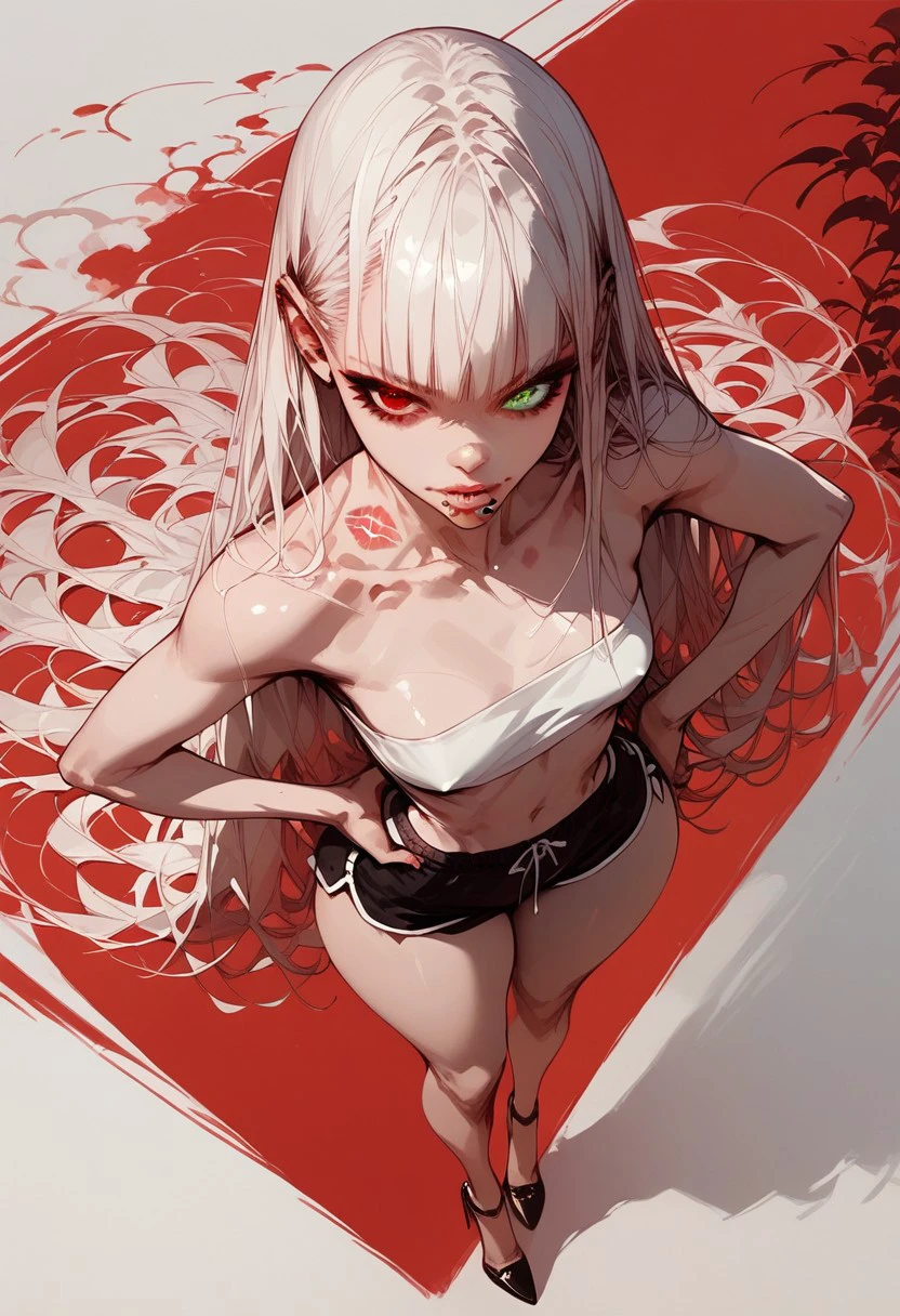 score_9, score_8_up, score_7_up, score_6_up, p1n04rtstyl3,pinoartstyle,pino art style,(heterochromia), ((green right eyes)), ((red left eyes)),
very long hair, white hair, straight hair, hair between the eyes, lippiercing,
lipring,lips, lip piercing, lip ring, fishnet stocking, tube top, nipple peek,
collarbone, (wide hips), (from above), close up, (high heels, stiletto high heels),
(big ass), (big hips), narrow waist, small breast, hand on hips, dolphin shorts,
seductive, kiss mark,