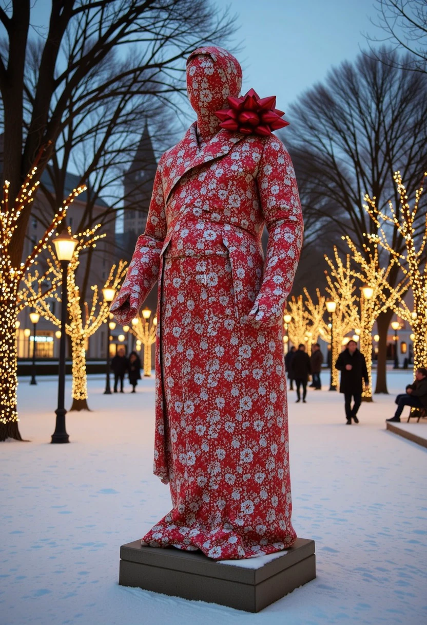 An amazing image of a grand marble statue elegantly gift-wrapped in festive paper, and adorned with a large red bow, set in a snowy park.