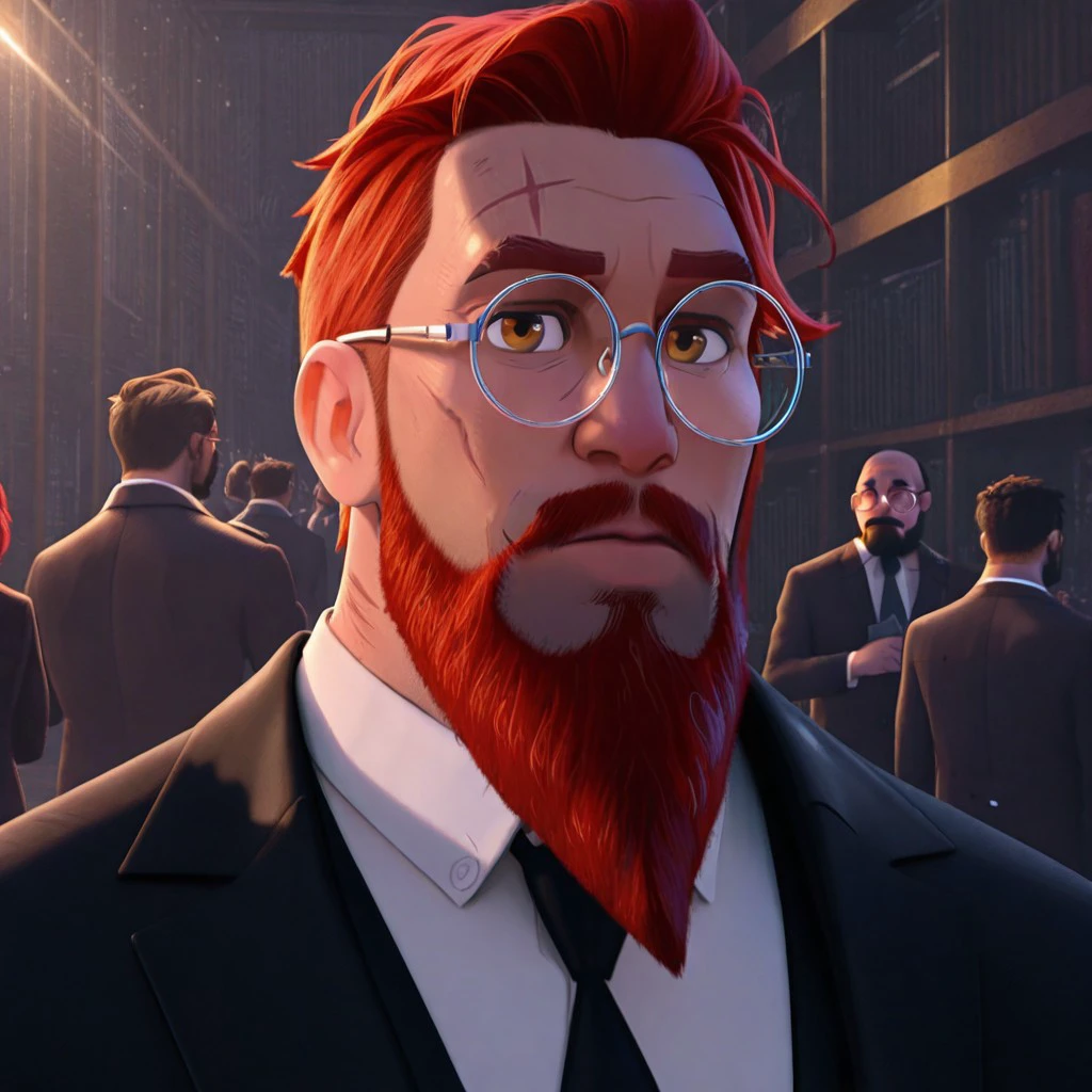 masterpiece, best quality, newest, absurdres, highres, SpiderversestyleIL-V1.0, 1boy, glasses, red hair, suit, round glasses, beard, facial hair, mustache, scar, scars on face, male focus