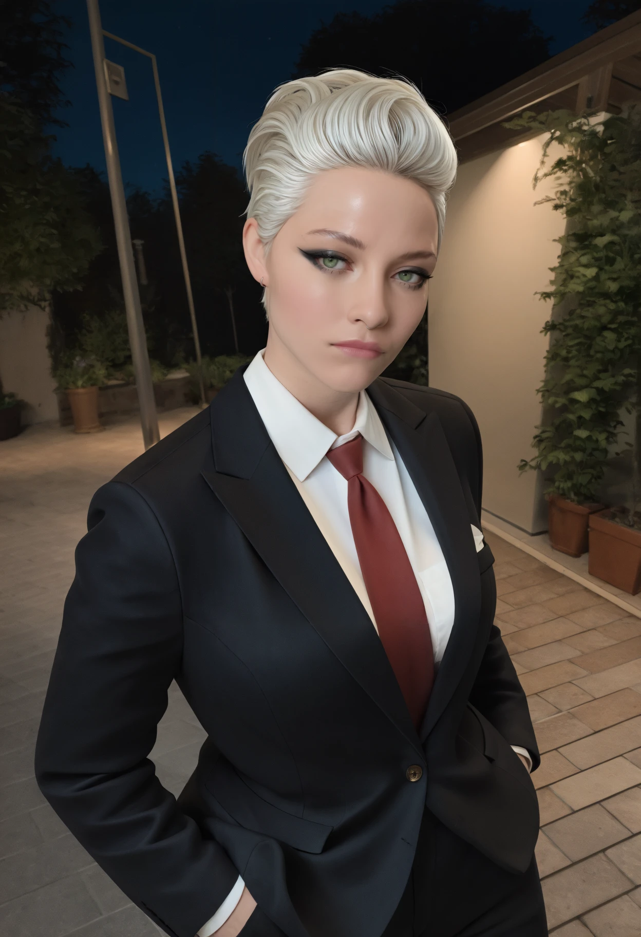 masterpiece, best quality, newest, absurdres, highres, realistic, photorealistic, dark, outdoors, night, closed mouth, looking at viewer, 1girl, solo, brititcerknfelle, short hair, white hair, hair slicked back, green eyes, black eyeshadow, black eyeliner, black jacket, red necktie, white collared shirt, black pants, cowboy shot, hands in pockets
<lora:brittenelle fredericks:1>