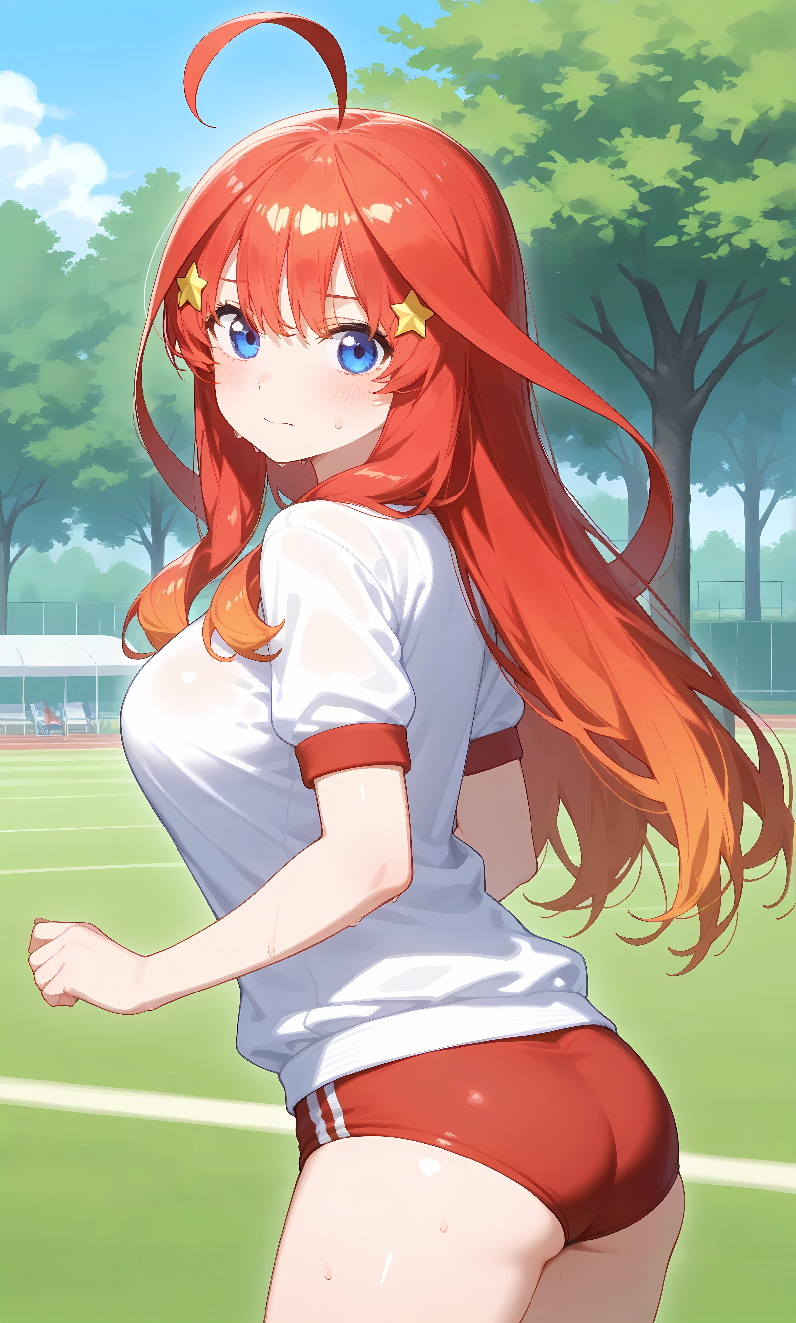 score_9, score_8_up, score_7_up, source_anime, 1girl, solo, outdoors, park, cowboy shot, looking at viewer, shiny skin, close-up, looking at viewer, nakano itsuki, long_hair, red_hair, hair_ornament, star_hair_ornament, hair_between_eyes, blue_eyes, ahoge, star_(symbol), white shirt, short sleeves, gym uniform, red buruma, sweat, from side 