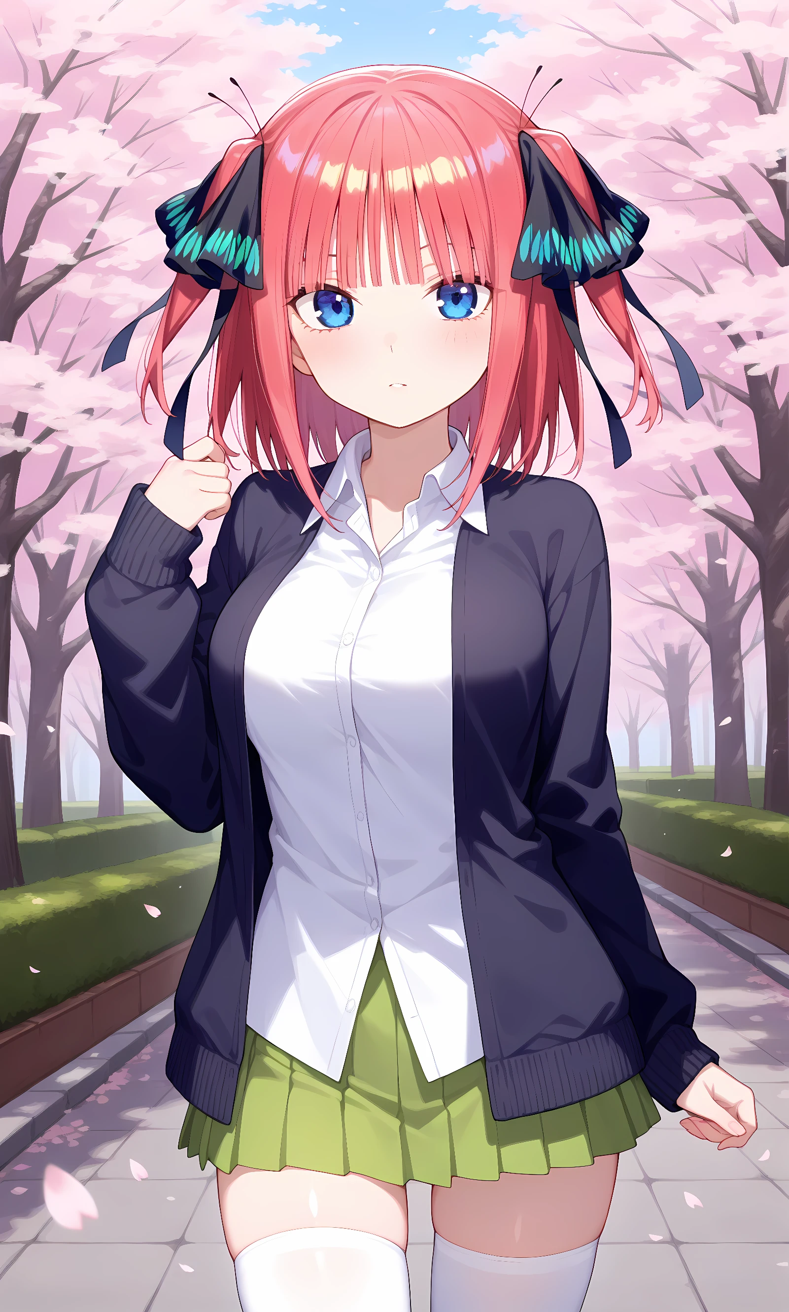 score_9, score_8_up, score_7_up, source_anime, 1girl, solo, outdoors, street, cherry blossoms, cowboy shot, looking at viewer, shiny skin, close-up, looking at viewer,nino_nakano, pink_hair, blunt_bangs, hair_ornament, butterfly_hair_ornament, black_ribbon, hair_ribbon, blue_eyes, two_side_up, short_hair, red_hair, black cardigan, open cardigan, collared shirt, long sleeves, green skirt, pleated skirt, white thighhighs