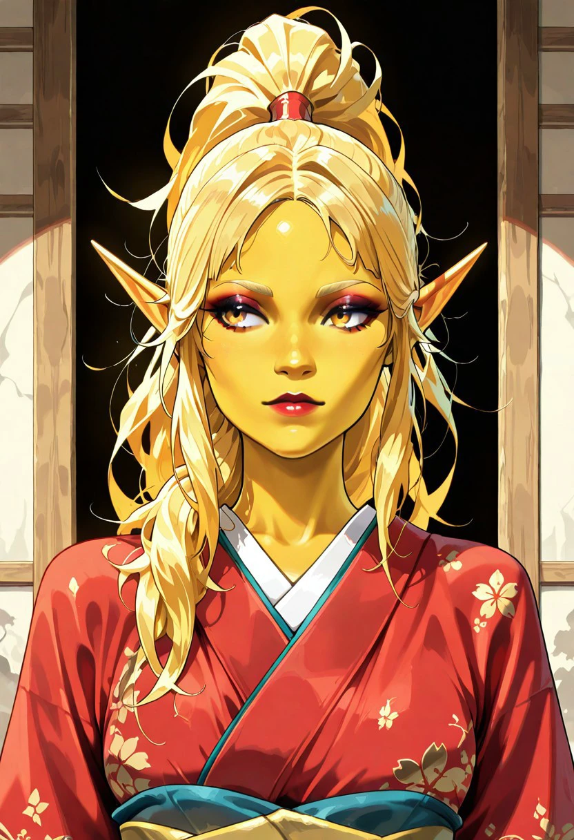 masterpiece, best quality, newest, absurdres, highres, PaintedComicV4.0 1girl, asian, asian female, elf, elf girl, pointy ears, long hair, messy hair, yellow skin, blonde hair, golden colored skin, kimono, red kimono, ponytail long ponytail, high taied ponytail, makeup, mascara,