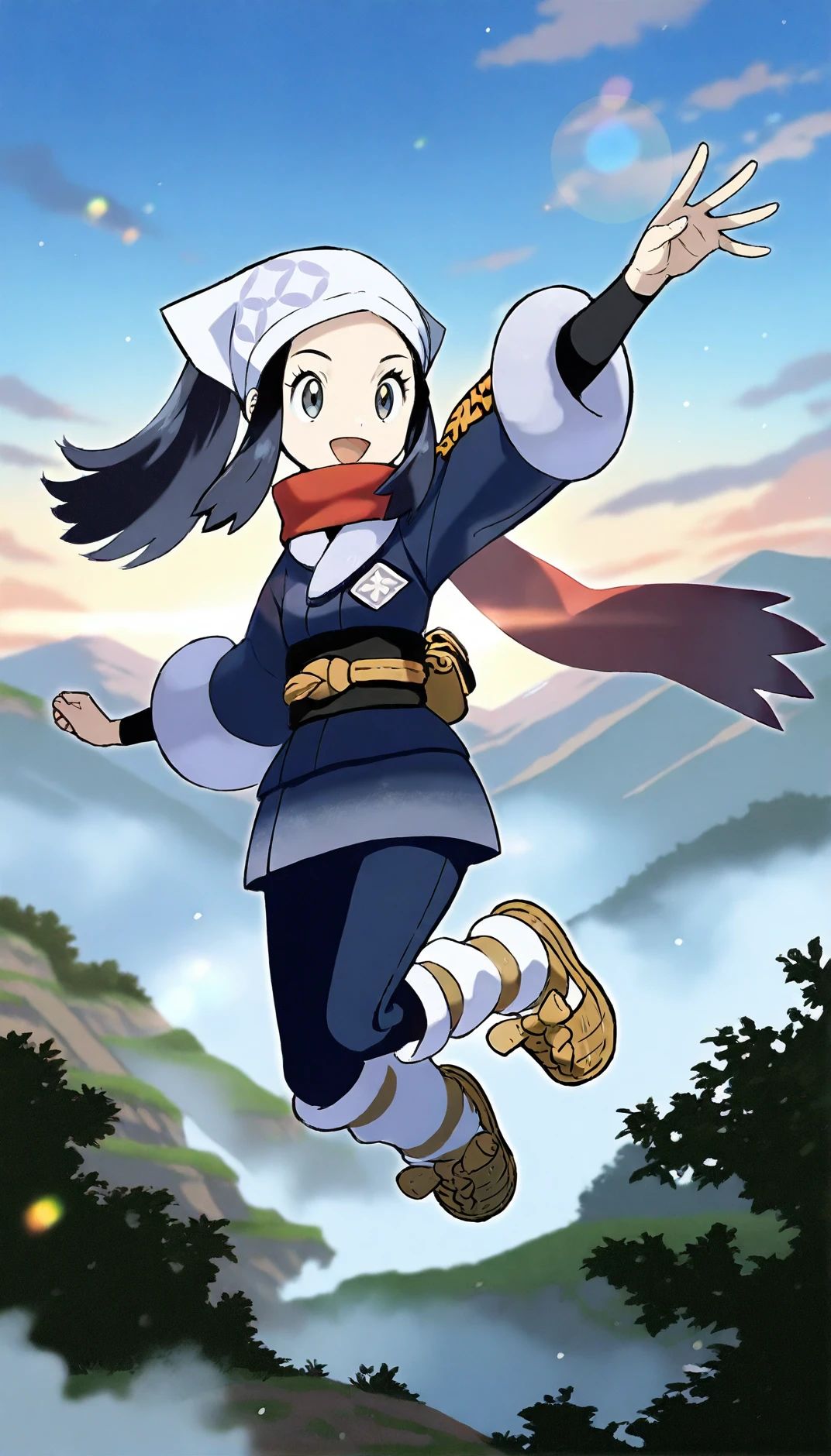 masterpiece,best quality,amazing quality,
<lora:hikaridawnIL:1>,akaridawn,
1girl,solo,
navy blue hair,long hair,ponytail,
grey eyes,open smile,
white bandana,dark blue clothes,red scarf,black detached sleeves,dark blue leggings,white loose socks,straw shoes,
jumping,in air,reaching out,
blurry background,depth of field,soft lighting,light particles,lens flare,fog,
distant hills,cloud,