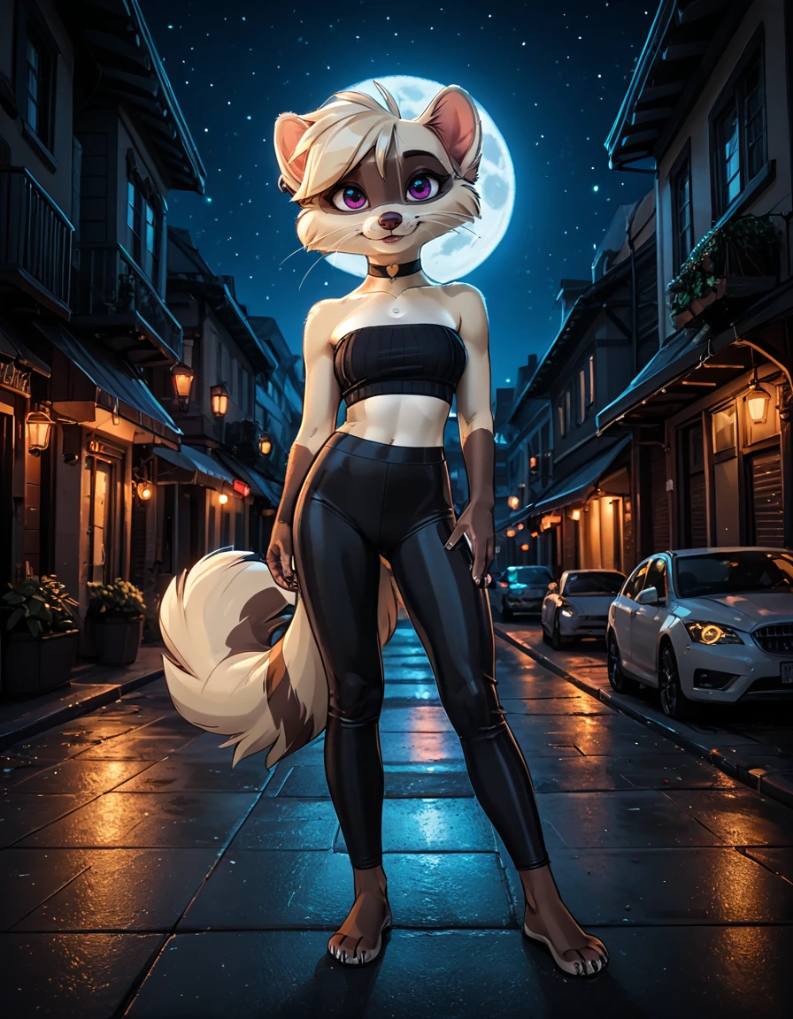 score_9,score_8_up,score_7_up,score_6_up,
outdoors,city,night,night sky,full moon,
full body,seductive smile,parted lips,long eyelashes,
shiny spandex pants,tube top,barefoot,
<lora:Brooke_v01_PDXL:1>,Brooke,1girl,solo,furry female,racoon girl,purple eyes,blonde hair,short hair,bangs,body fur,two tone fur,grey fur,white fur,tail,black choker,snout,animal nose,whiskers,
<lora:add-detail-xl:1>,